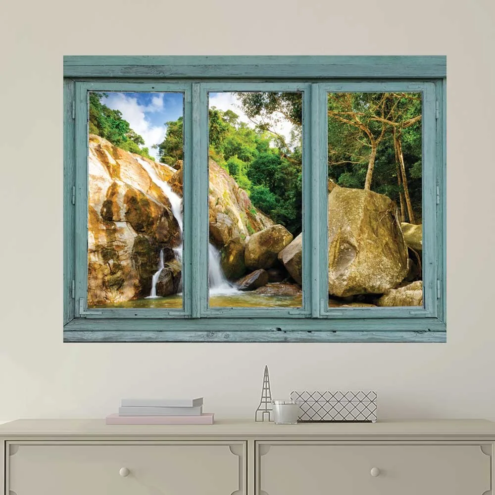 wall26 Vintage Teal Window Looking Out Into a Rocky Waterfall - Wall Mural, Removable Sticker, Home Decor - 36x48 inches