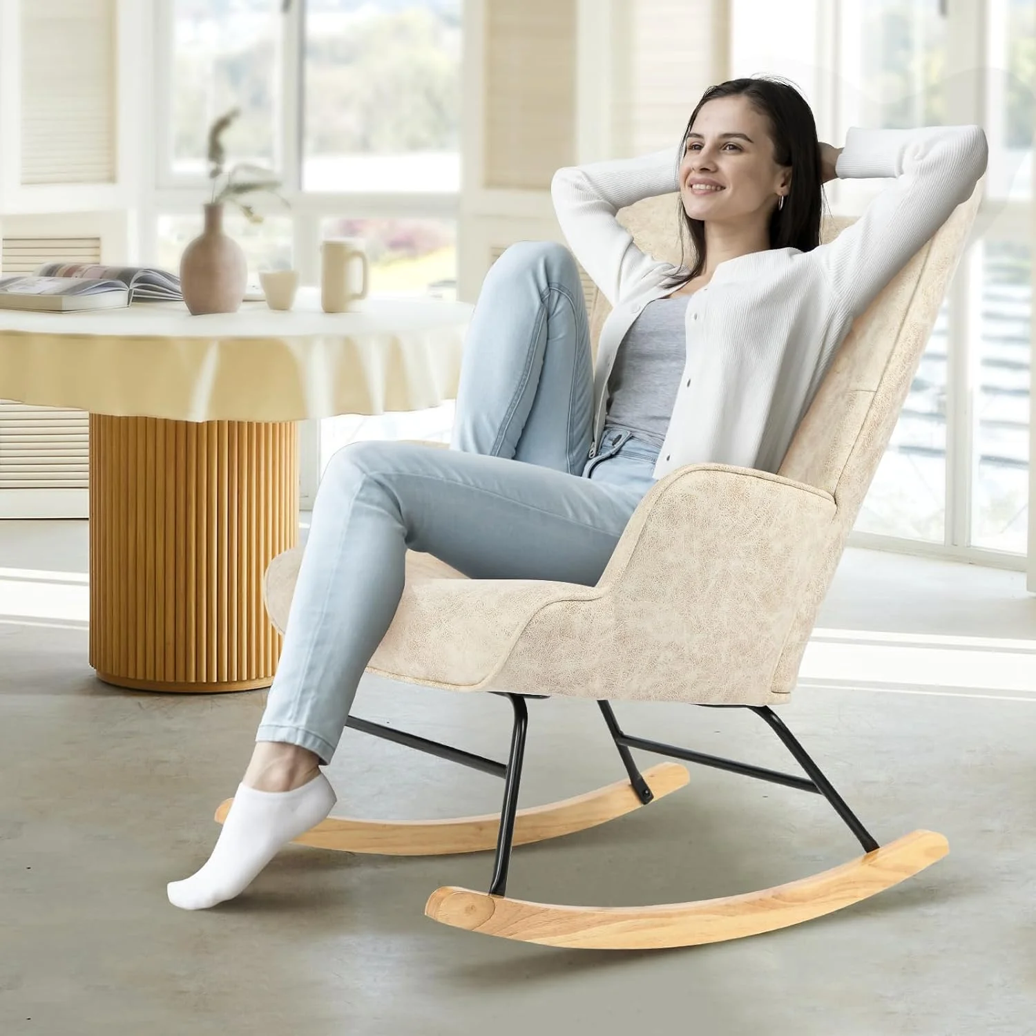 CHYTRV Rocker Glider Chair Modern Nursery Rocking Chair PU Leather  with Wooden Base High Backrest and Armrests Padded Seat Comfy Upholstered  Chair   Room Bedroom Office Brown