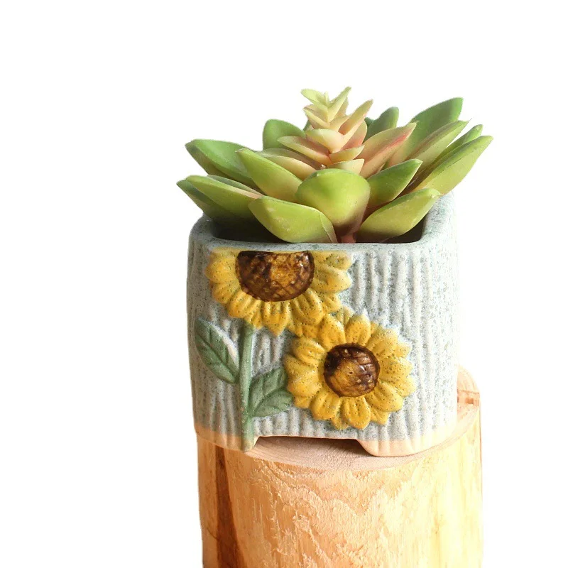 Ceramic Succulent Planter with Hand-Painted Sunflower Design