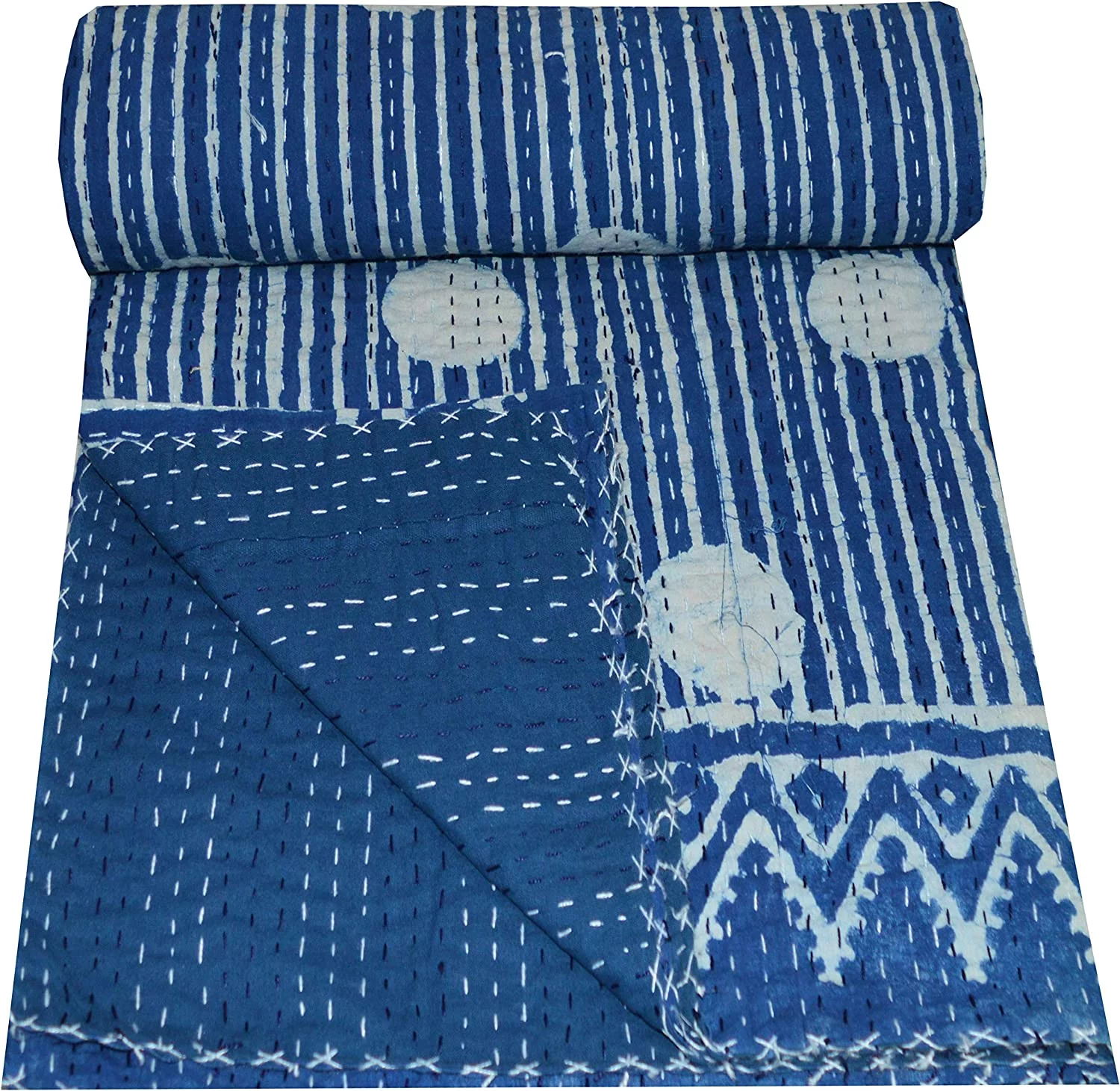 Indian Kantha Quilt Blue Indigo Block Print Kantha Throw Queen Size Cotton Quilt Kantha Bedspread Indian Blanket Kantha Bed Cover Queen Size Quil