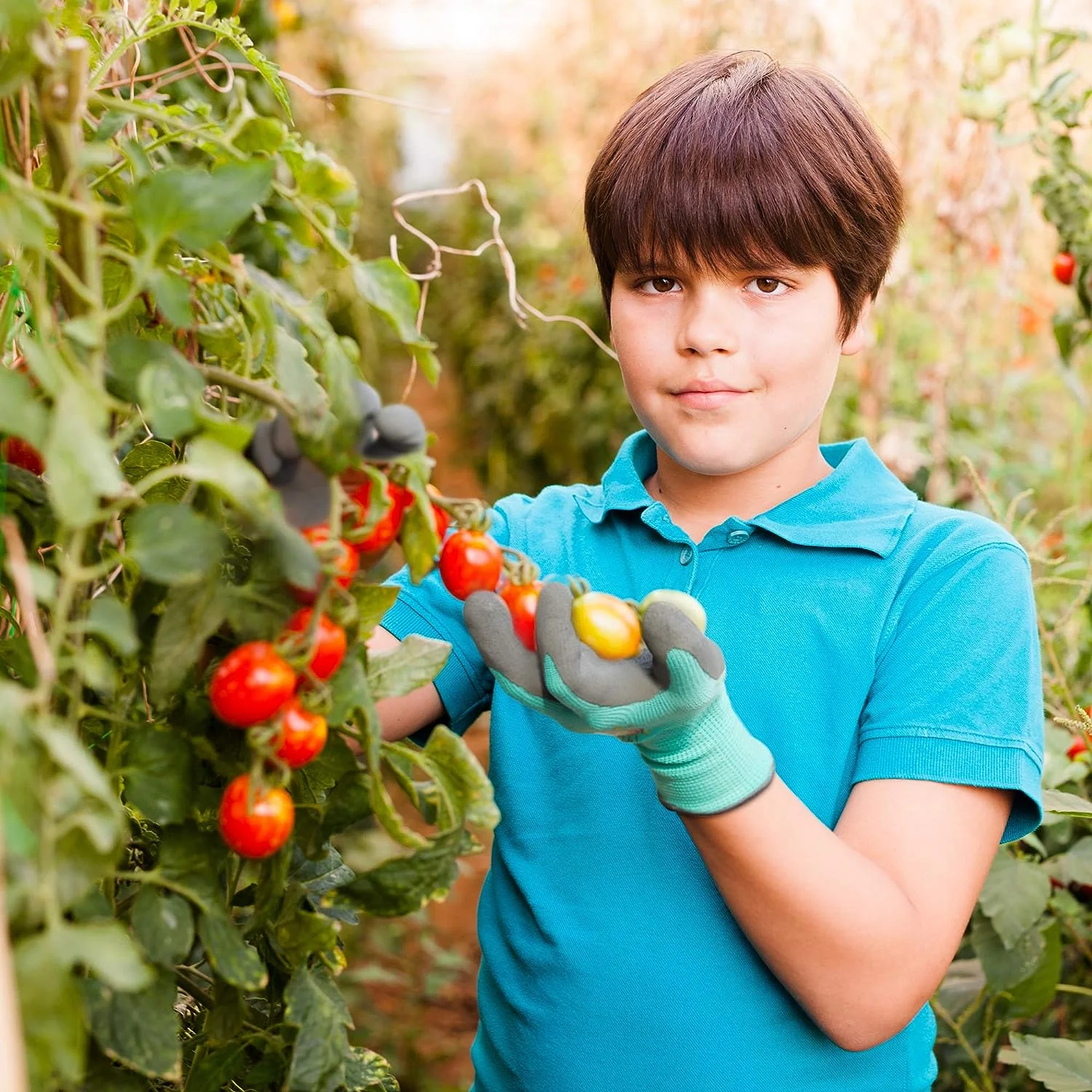 COOLJOB 3 Pairs Kids Gardening Gloves for Age 6-8, Children Grippy Rubber Coated Garden Work Gloves, Orange & Green & Yellow, Medium Size M
