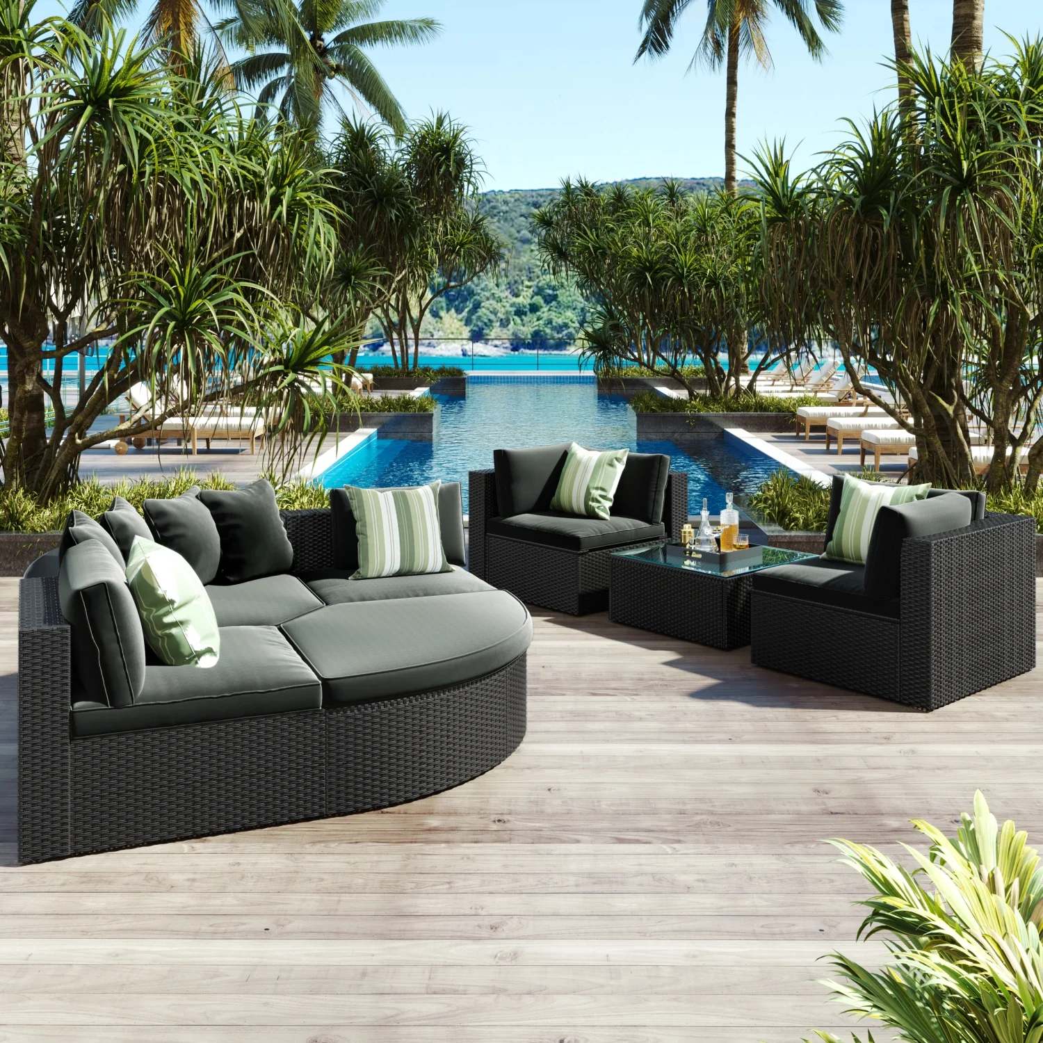 7-piece Elegant Black Wicker Outdoor Sofa Set with Comfy Gray Cushions and Charming Striped Green Pillows  Perfect for Patio  Garden  or Deck Conversation Lounging