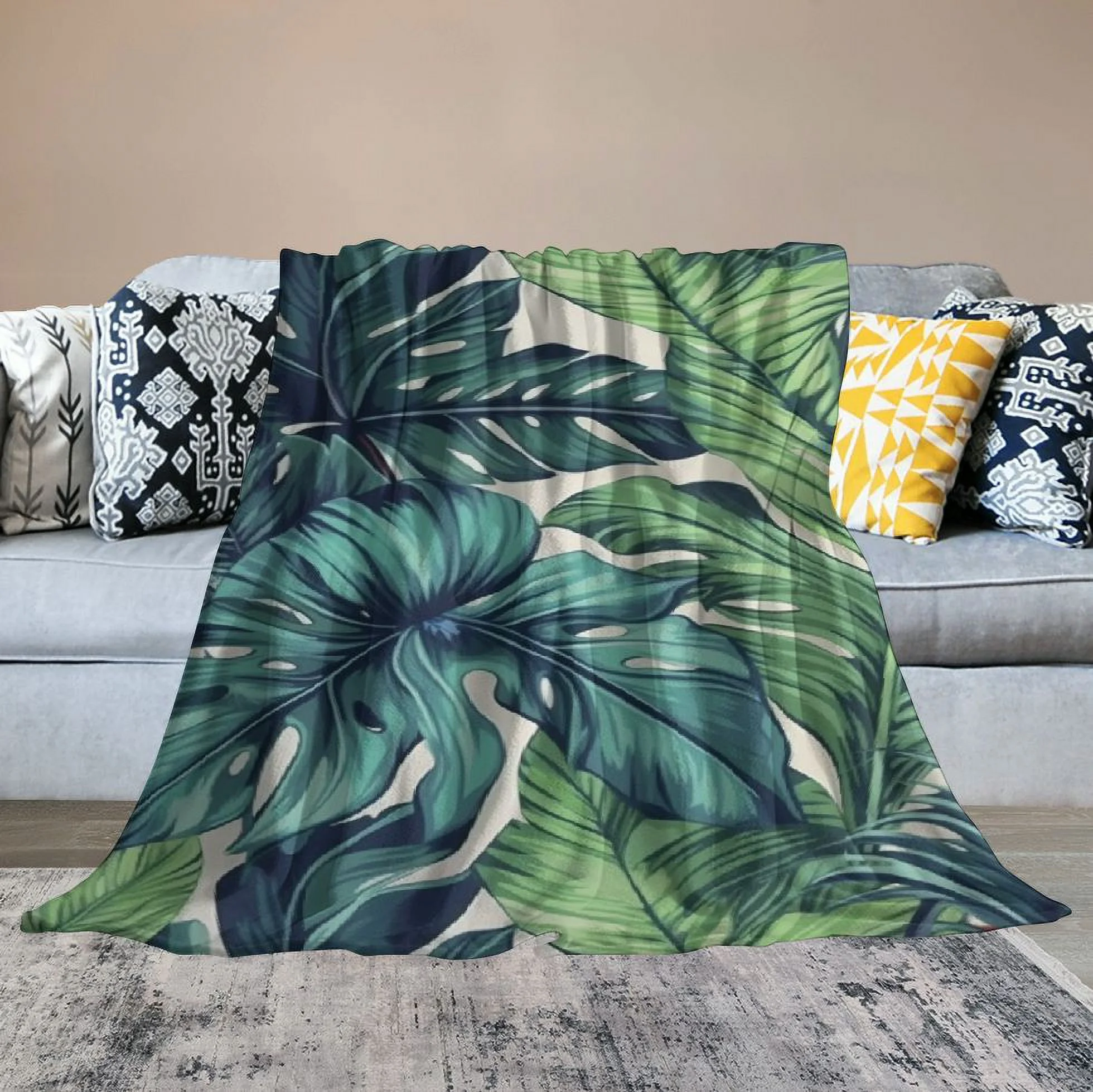 JRXY  Palm Leaves Throw Blanket Blue Jungle Exotic Plant Pattern Summer Cosy Throw Blanket for Bedroom Sofa Couch Car Deck Chair Soft Flannel White