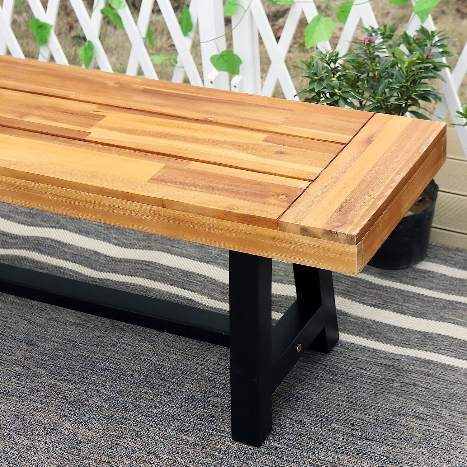 & William 6 Pieces Patio Dining Set for 6  4 PE Rattan Chairs and 1 Rectangular Acacia Wood Table and 1 Bench  Outside Table and Chairs with Cushions  Outdoor Furniture for Decker Yar