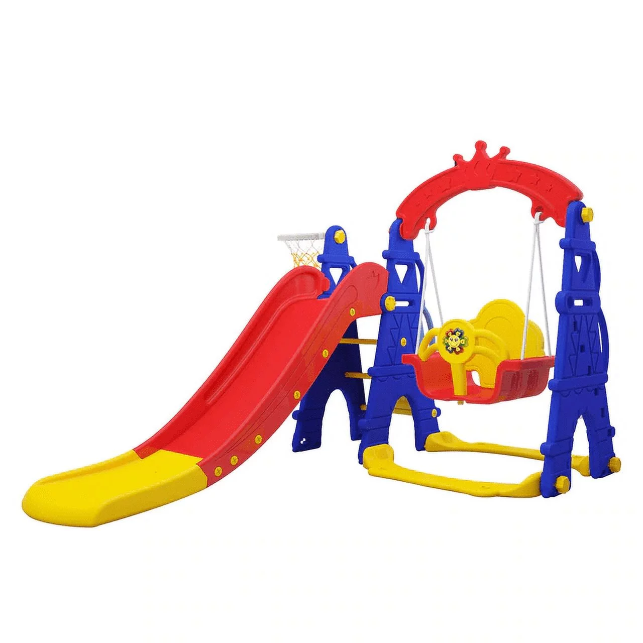 IMP Indoor kids 4 in 1 function Slide, baby swing. Toys for toddlers indoor slide, basketball, swing and music. Plastic playground slide for toddler. Toddler climber indoor playhouse. Playset