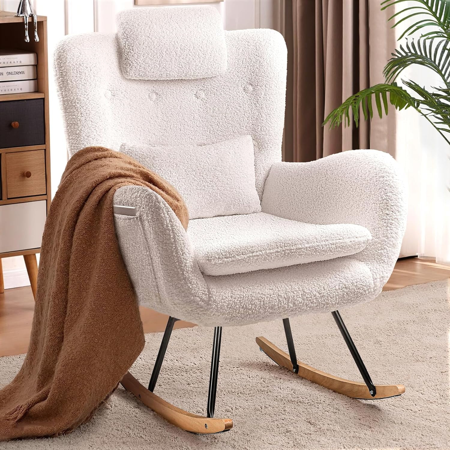 Waleaf Teddy Fabric Nursery Rocking Chair with Side Pocket, High Backrest Indoor Glider Chair, White