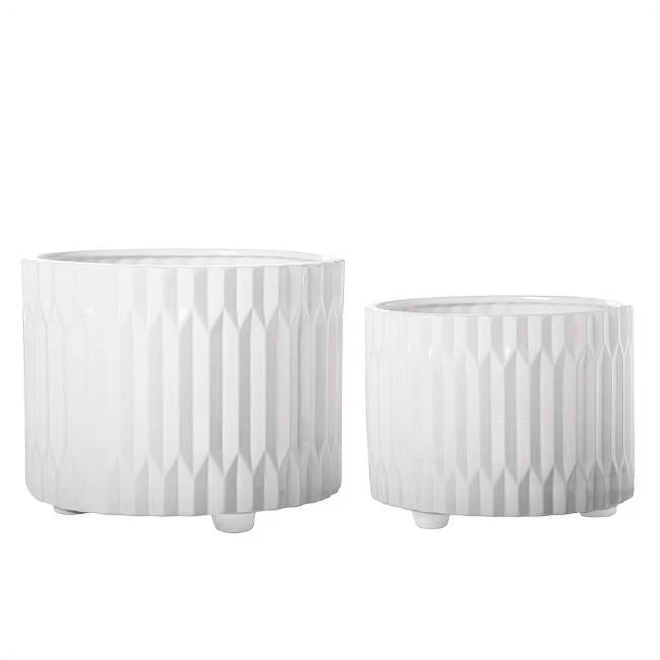 Urban Trends Collection 11070 Ceramic Round Pot with Embossed Geometric Spike Pattern Body, White - Set of 2