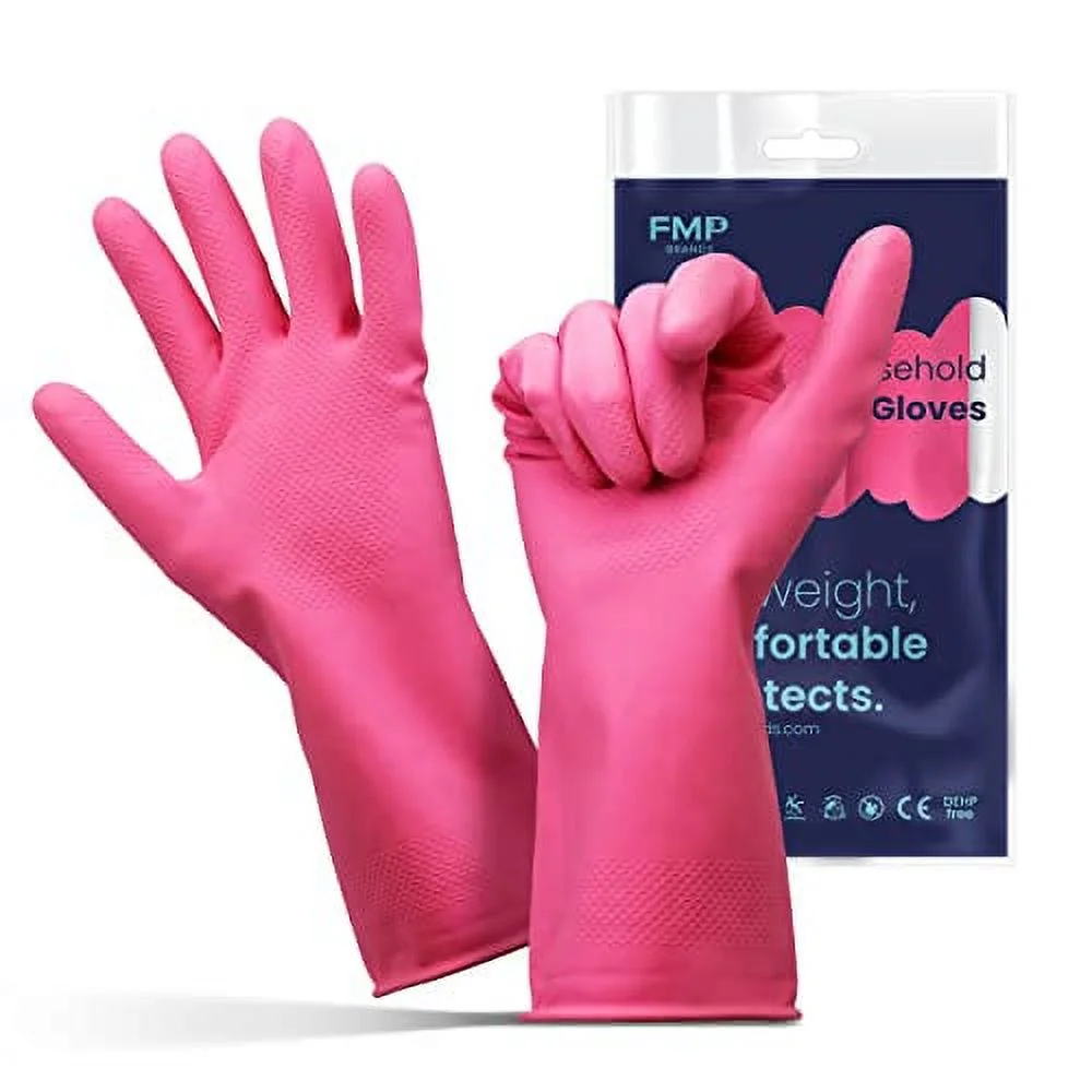 FMP Brands Cleaning Gloves 12 Pairs Rubber Gloves for Washing Dishes Non-Slip Dishwashing Gloves Waterproof Reusable Latex Dish Gloves for Kitchen, Bathroom, Household, Gardening (X-Large, Pink)
