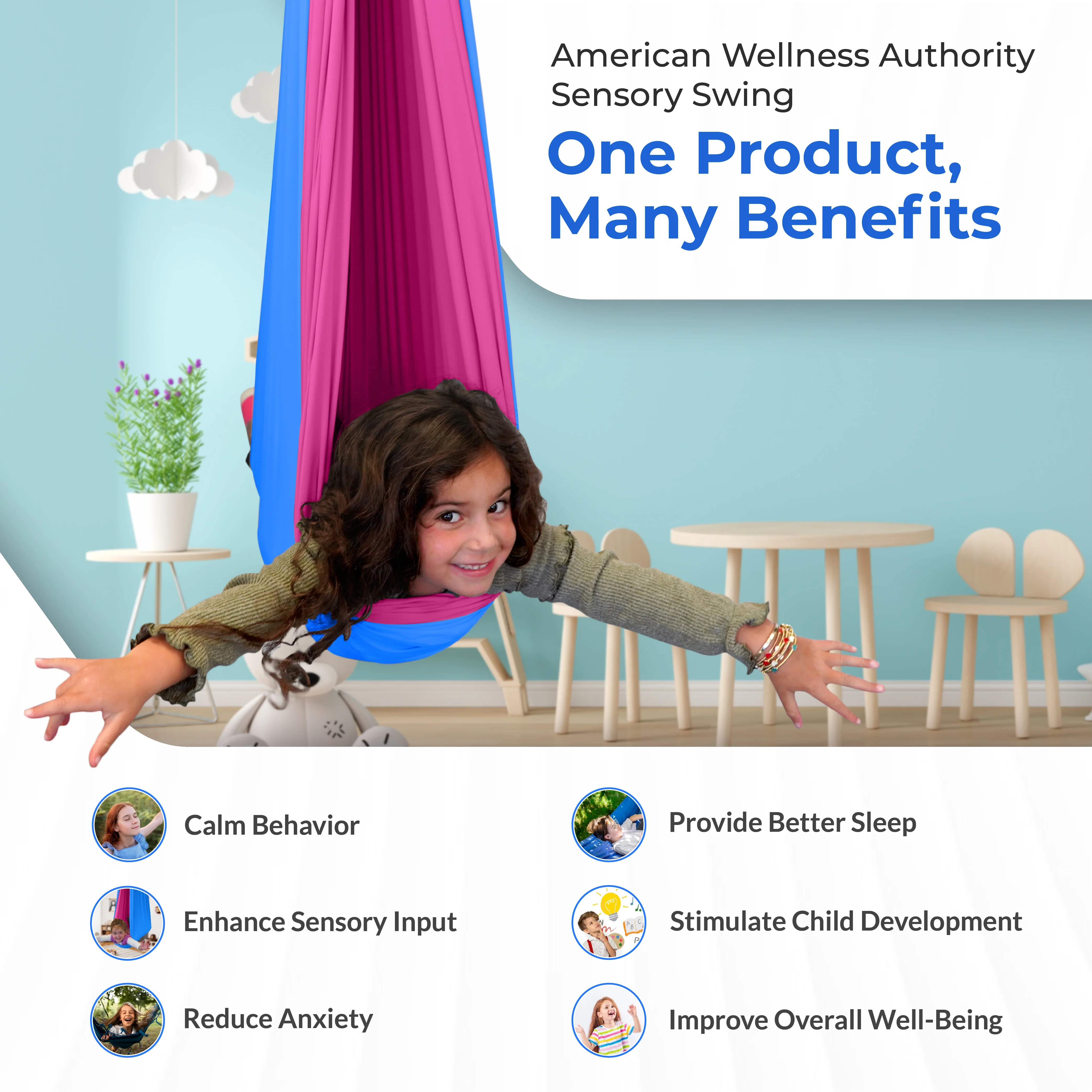 American Wellness Authority Sensory Swing Indoor for Kids & Adults with Special Needs Indoor Swing for Kids & Adults with Autism, ADHD, and Sensory Processing Challenges (Includes Hardware)