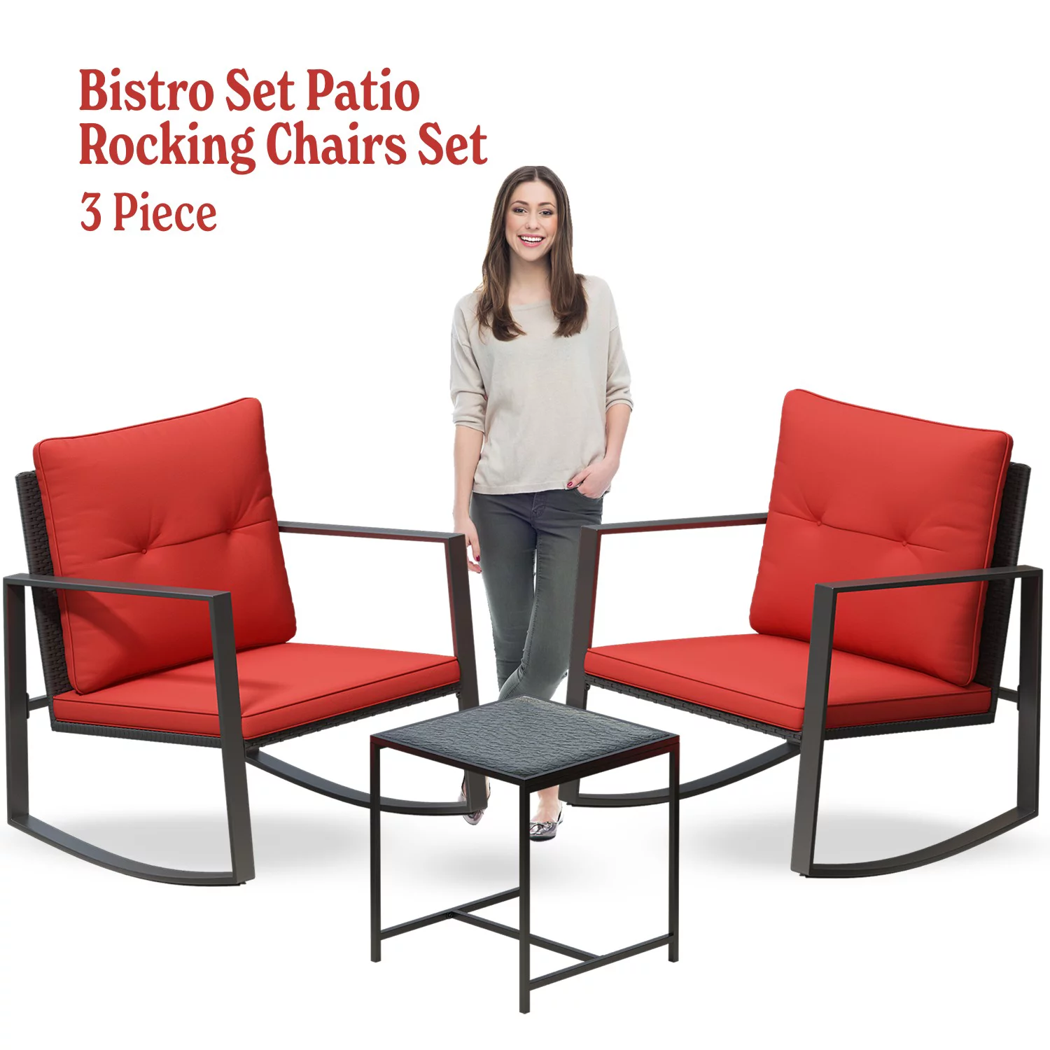 Adonis 3-Piece Bistro Furniture Set -2 Chairs With a Modern Design Glass Coffee Table - Red