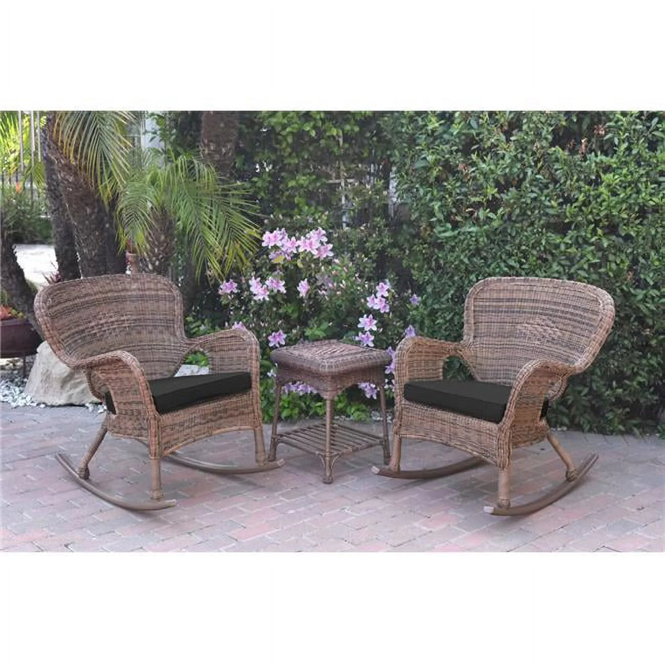 W00212-2-RCES017 Windsor Honey Wicker Rocker Chair & End Table Set with Black Cushion