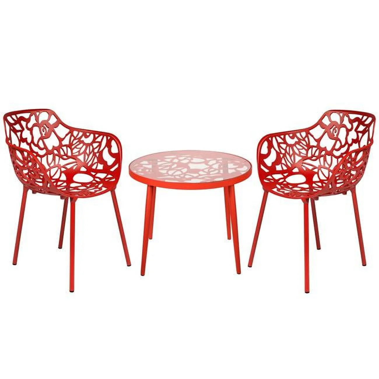19 x 23 x 23 in. Devon Mid-Century Modern 3 Piece Aluminum Outdoor Patio Dining Set with Tempered Glass Top Table & 2 Stackable Flower Design Arm Chair, Red