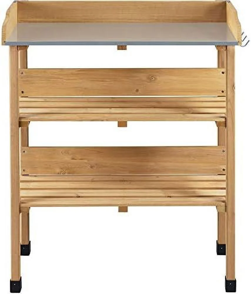 HYHBIBOOM Potting Bench Table w/Metal Tabletop for Garden  Fir Wood Workstation w/3 Tier Shelves  Outdoor Work Bench w/Hook Natural Wood