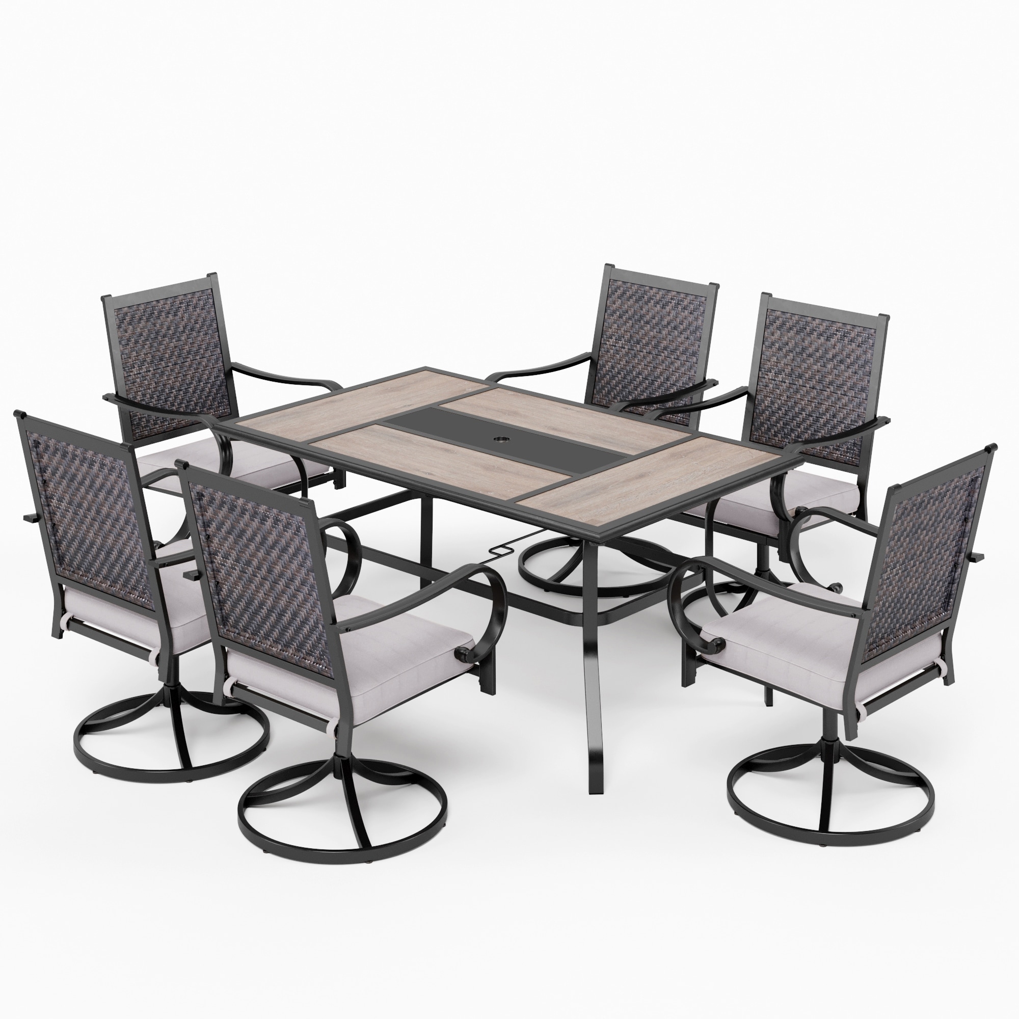 7-piece Patio Dining Set, 6 Rattan Swivel Chairs with Cushion and 1 Table with Umbrella Hole