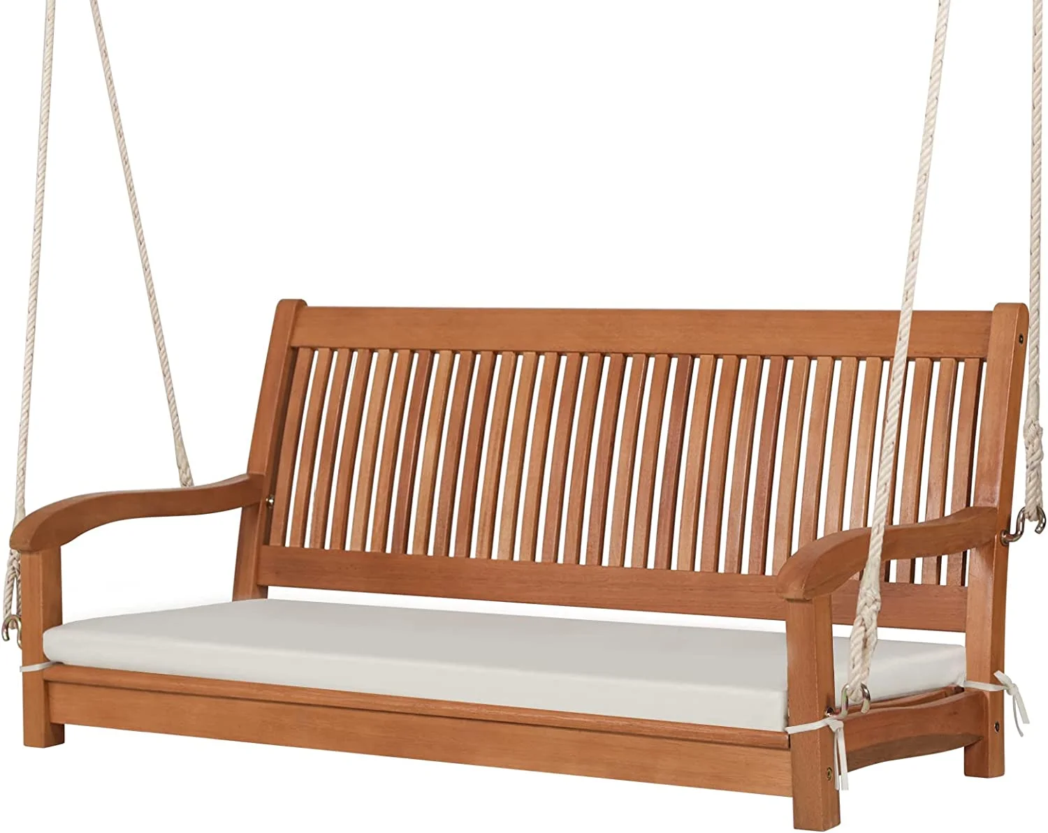 Elegant 2 Person Hanging Porch Swing, Outdoor Bench Swing with Hanging Ropes, High Back, Cozy Armrests, Heavy Duty 800Lbs Wooden Hanging Swing Chair with Cushion for Backyard, Deck, Garden Natural
