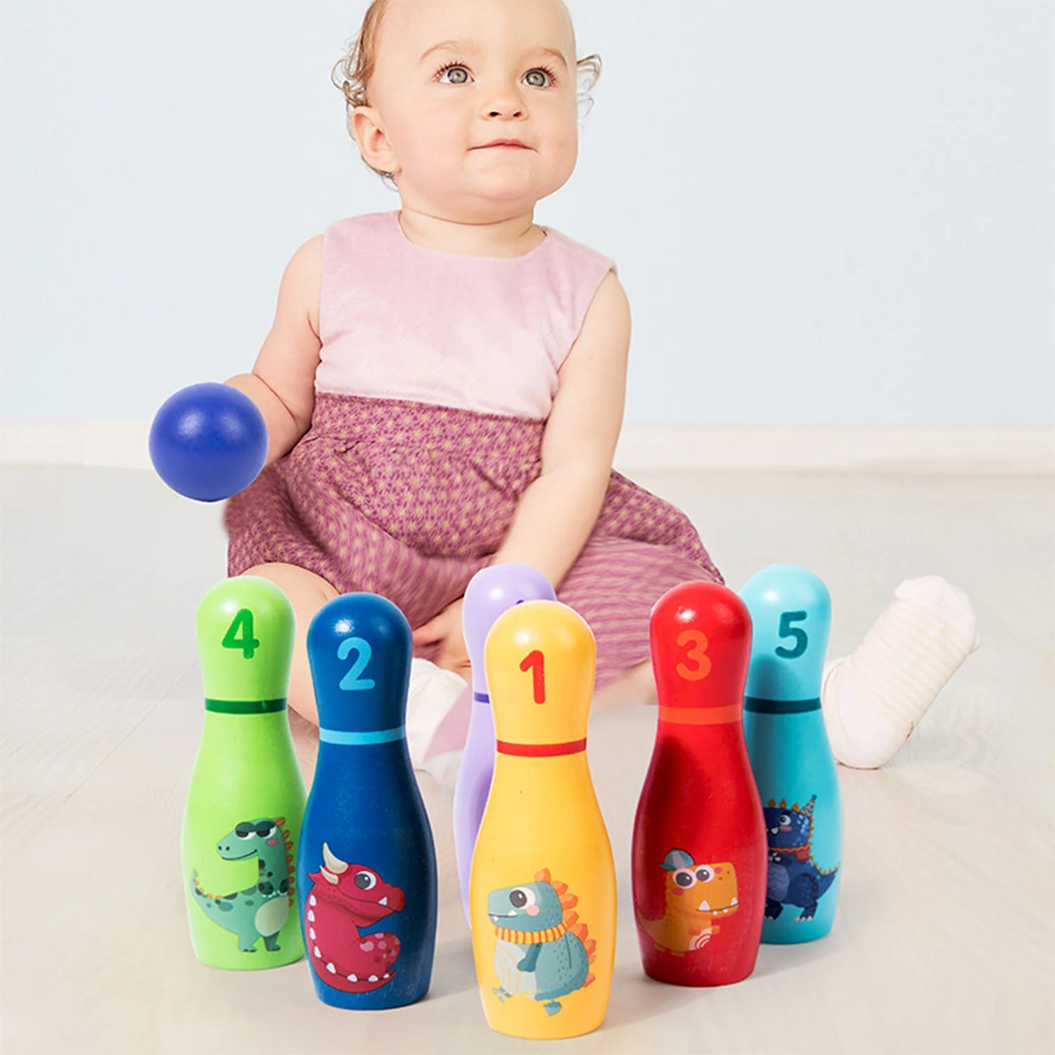 Wooden Bowling Toy for Toddlers, Dinosaur Theme Bowling Set for Boys Girls Age 2 3 4 Year Old Indoor Toys