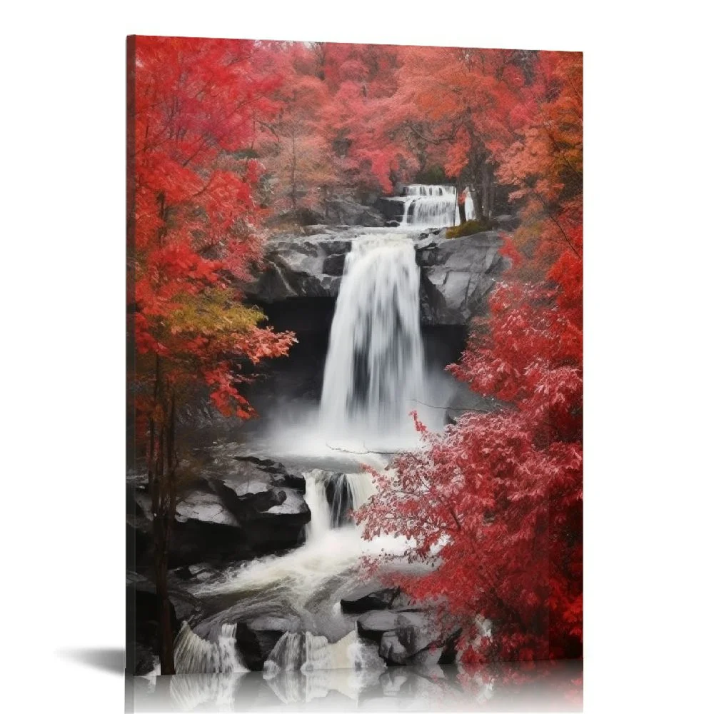 YIKUMA Red Waterfall Canvas Wall Art Decor Vertical Decorative Prints Forest Landscape Picture for Living Room Kitchen Bedroom Office Home Decor Gift 16x20in 12x16 in