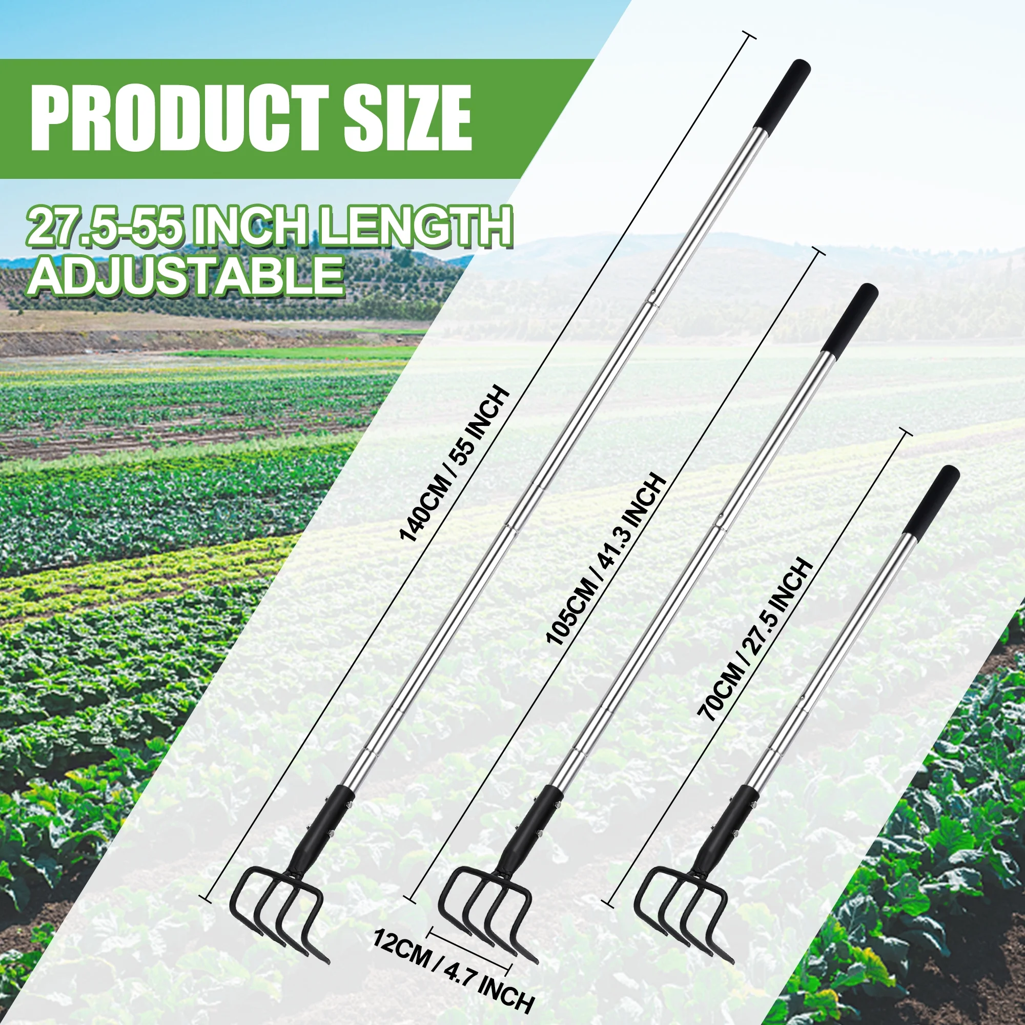 BARAYSTUS Garden Cultivator 4-Teeth Rake with Telescopic Handle and Soft Handle Cover