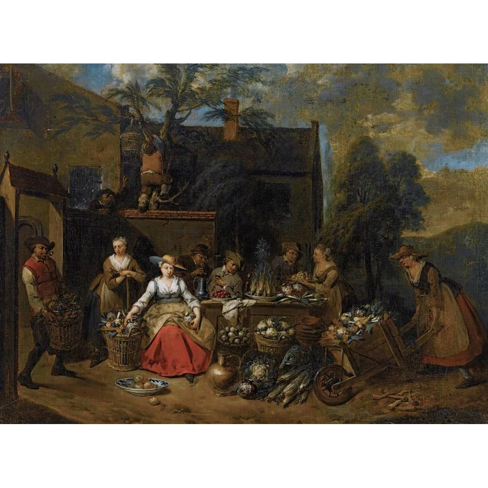 Jan Baptist Lambrechts 14x11 Black Modern Framed Museum Art Print Titled - An Elegant Company in a Landscape Amongst Different Fruits and Vegetables, a Woman with a Wheelbarrow Entering from