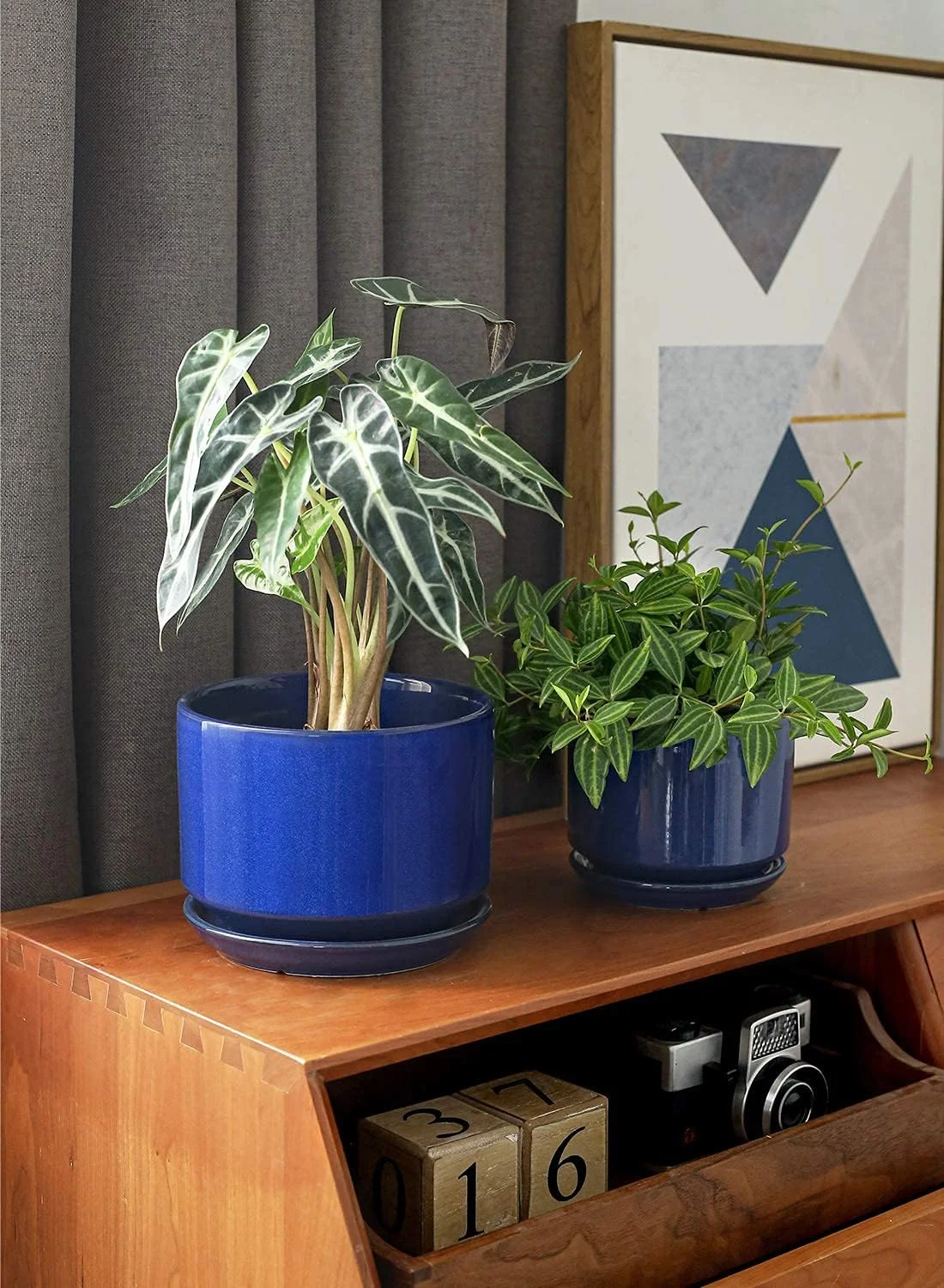 LE TAUCI 4.3+5.3+6.8 Inch Ceramic Plant Pots with Drainage Hole and Saucer, Set of 3, Sapphire Blue