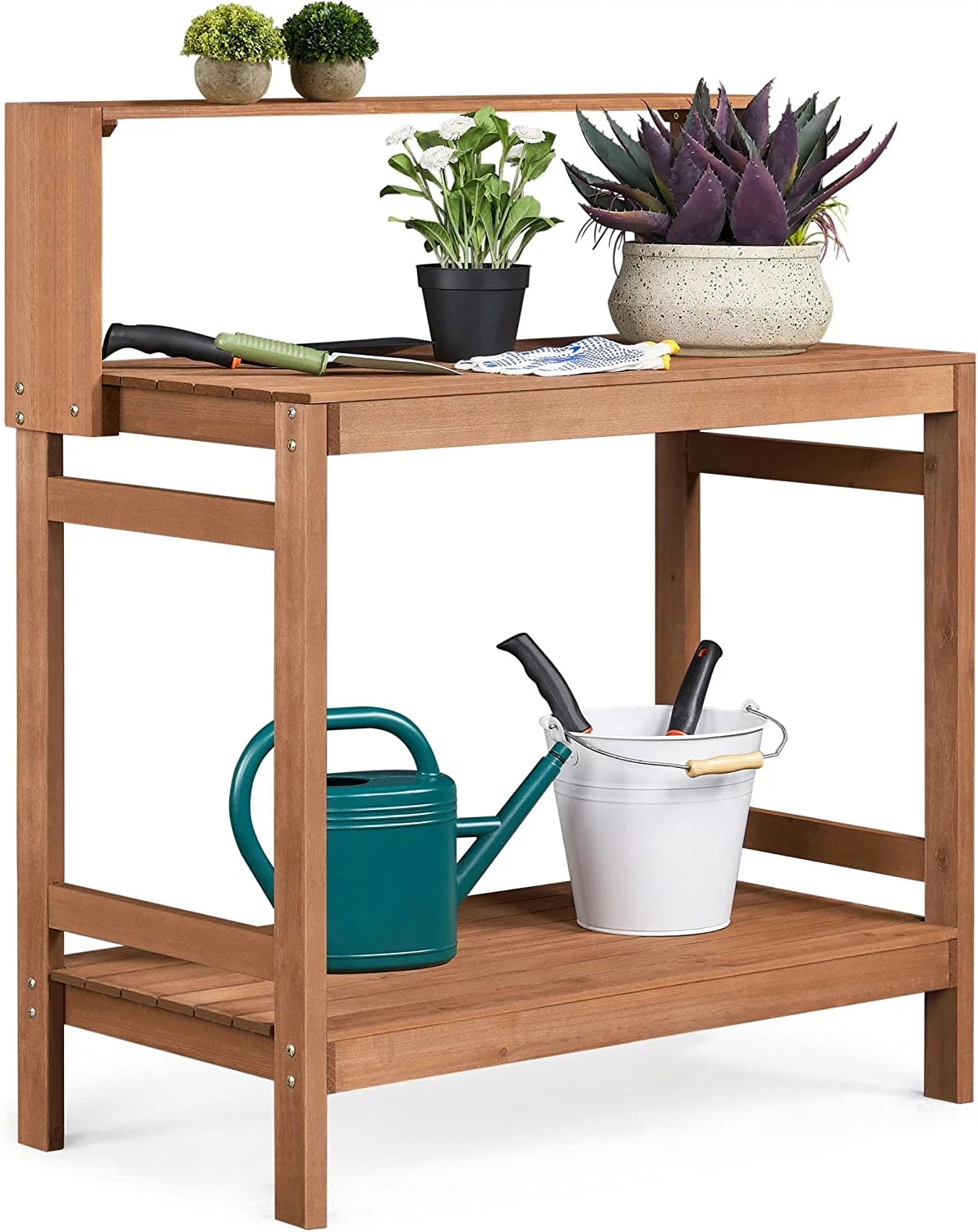 Wooden Potting Bench Table - Outdoor Garden Patio Workstation with Spacious Storage Shelf/Solid Wood Construction for Backyard Patio Balcony, Brown