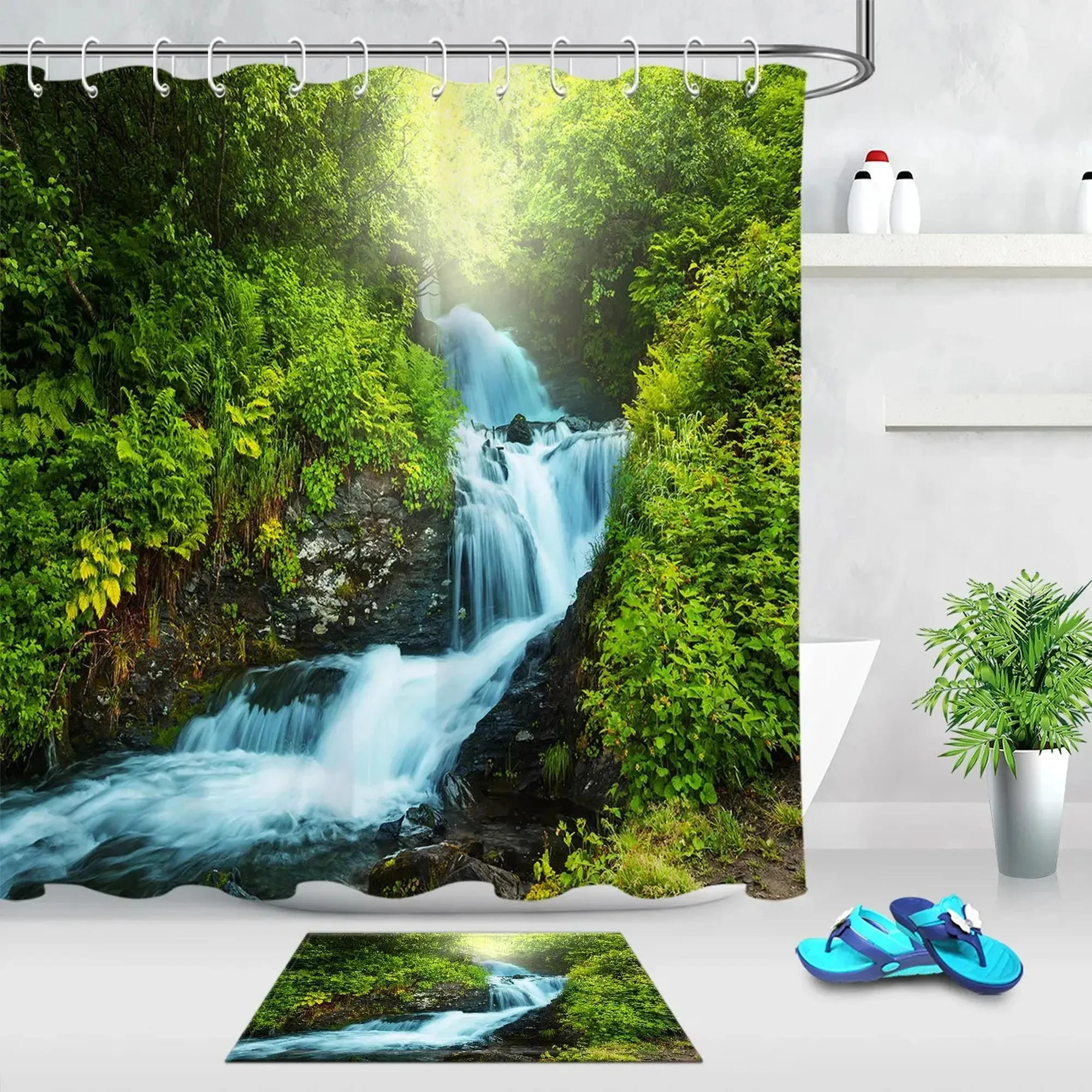 Tropical Rainforest Waterfall Shower Curtain - Exotic Jungle Paradise Decor for Bathroom