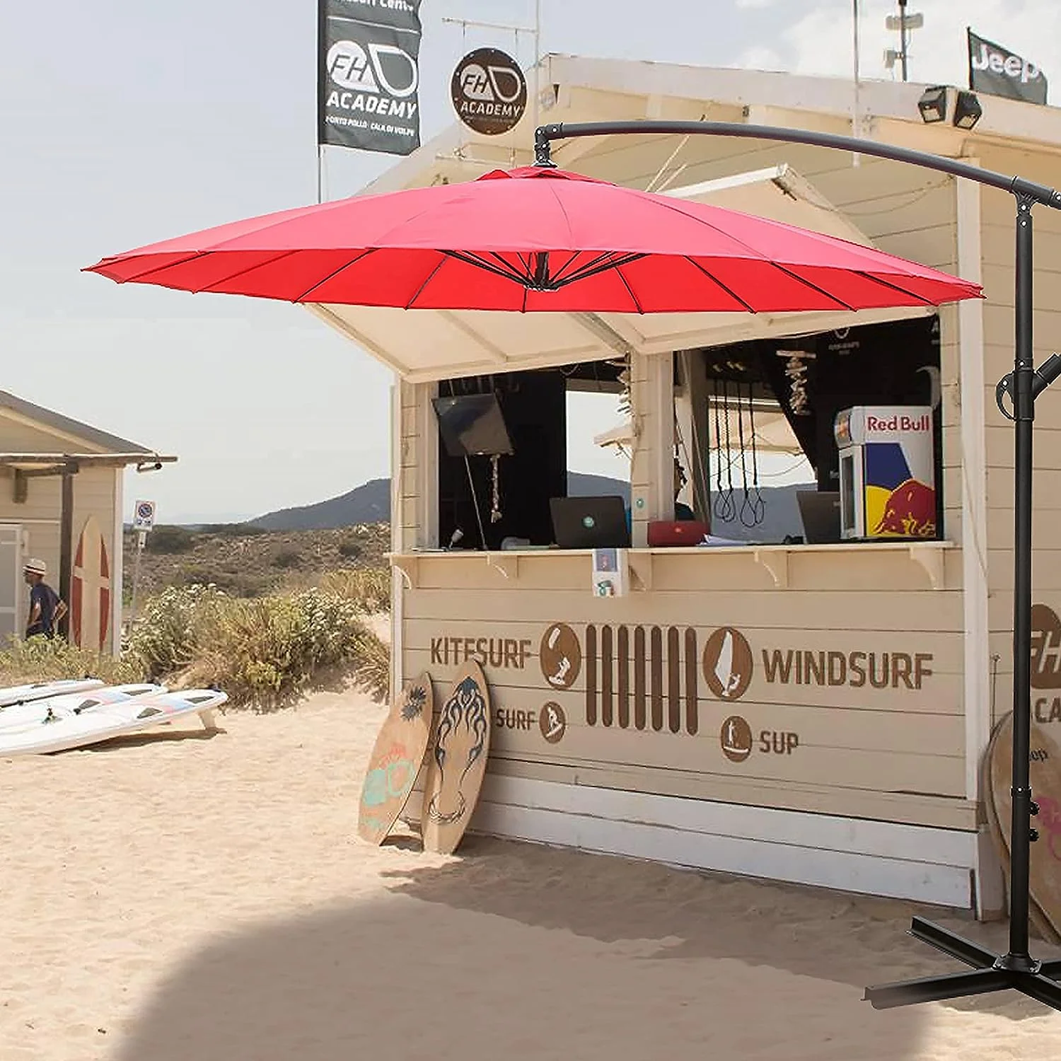 9ft Offset Umbrella Red Umbrellas for Patios Outside Cantilever Outdoor Umbrellas Hanging Market Umbrella with Tilt & Crank, 18 Sturdy Ribs for Deck Backyard Pool, Poolside, Lawn and Garden,Red