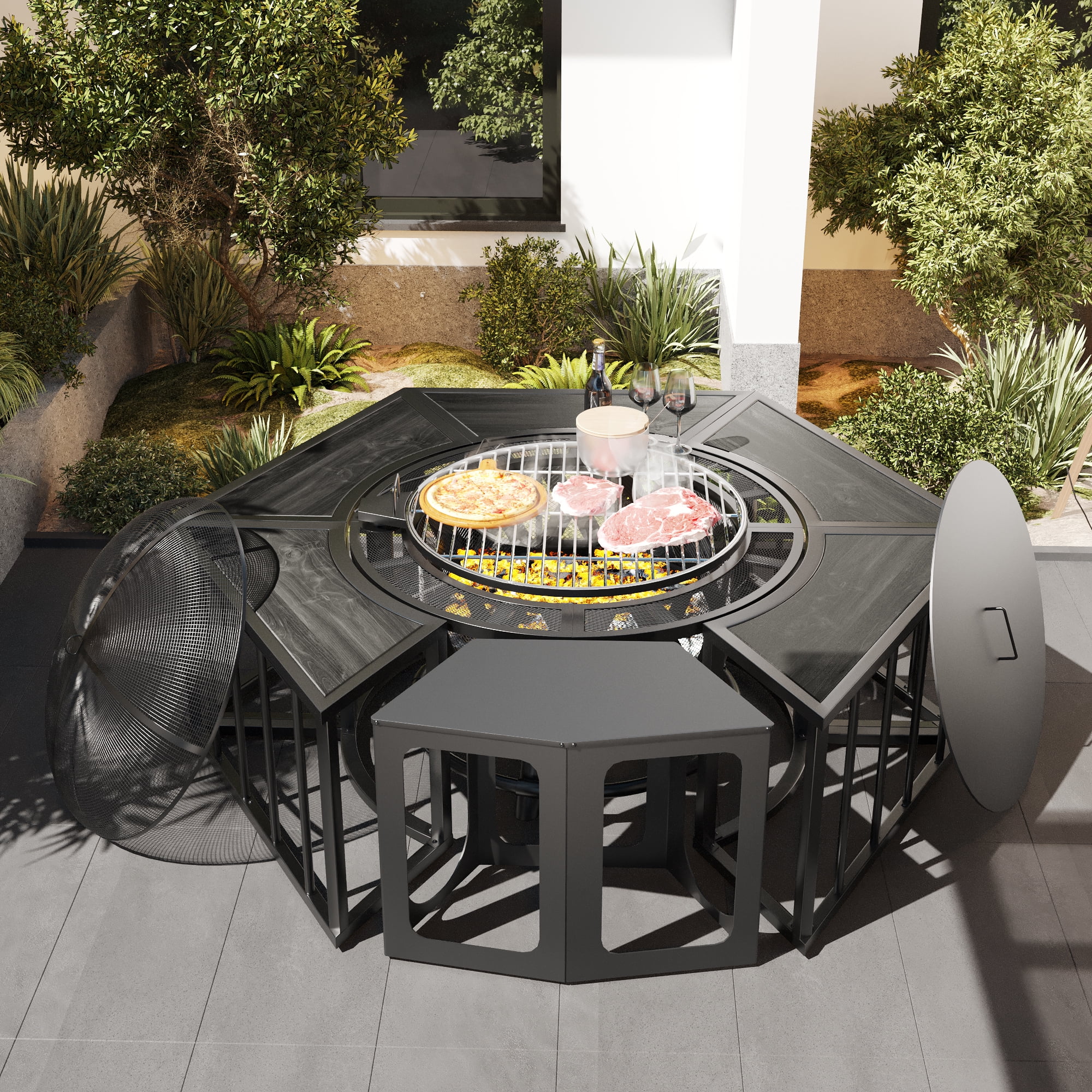 MeetLeisure 51 Inch Outdoor Wood Burning Fire Pits with Lids, Fire Poker and Metal Side Tables,Grey