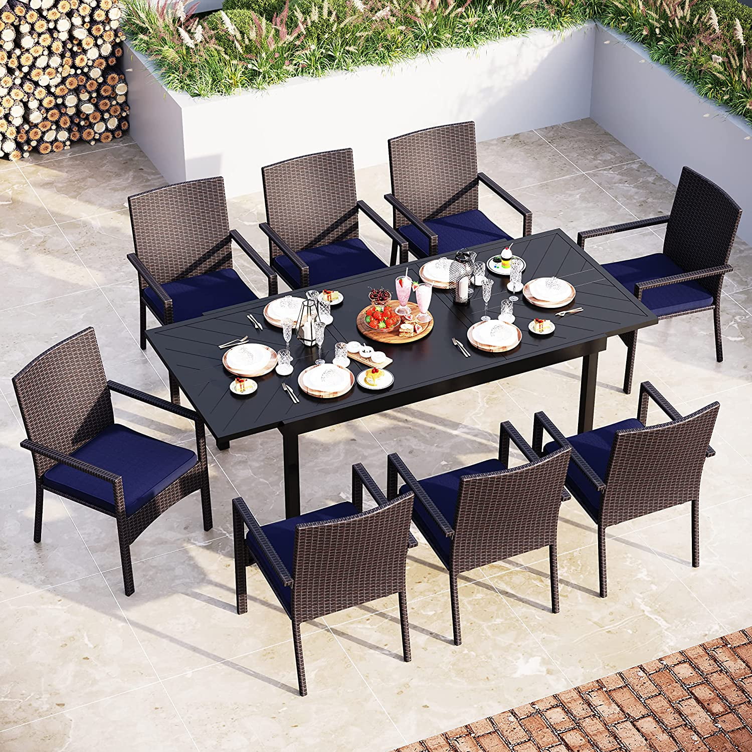 & William 9 Pieces Patio Dining Furniture for 6-8 People  Outdoor PE Rattan Chairs and Expandable Rectangle Metal Table Set  Modern Outside Dining Set with Cushions for Porch  Backyar