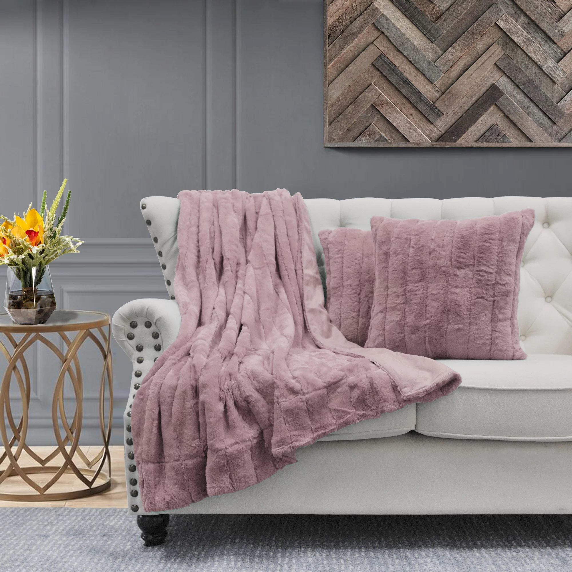 Home Soft Things Comfy Fluffy Throw & 2 Pillow Covers Combo - Ash Rose - 50