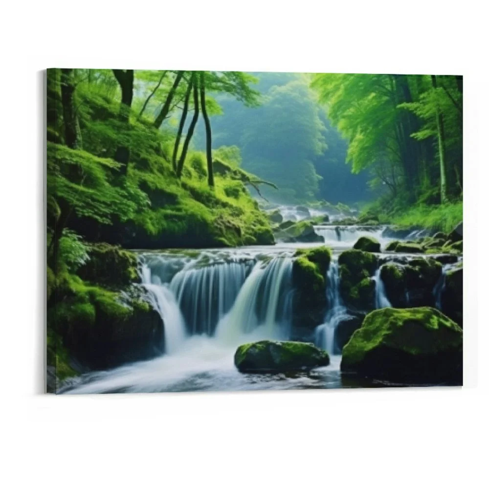 PRATYUS Green Forest Canvas Wall Art Waterfall Pictures Wall Decor Green Nature Landscape Canvas Painting Calming Nature Scene Canvas Print Artwork for Living Room Bedroom Home Wall Decor 20x16 Inch