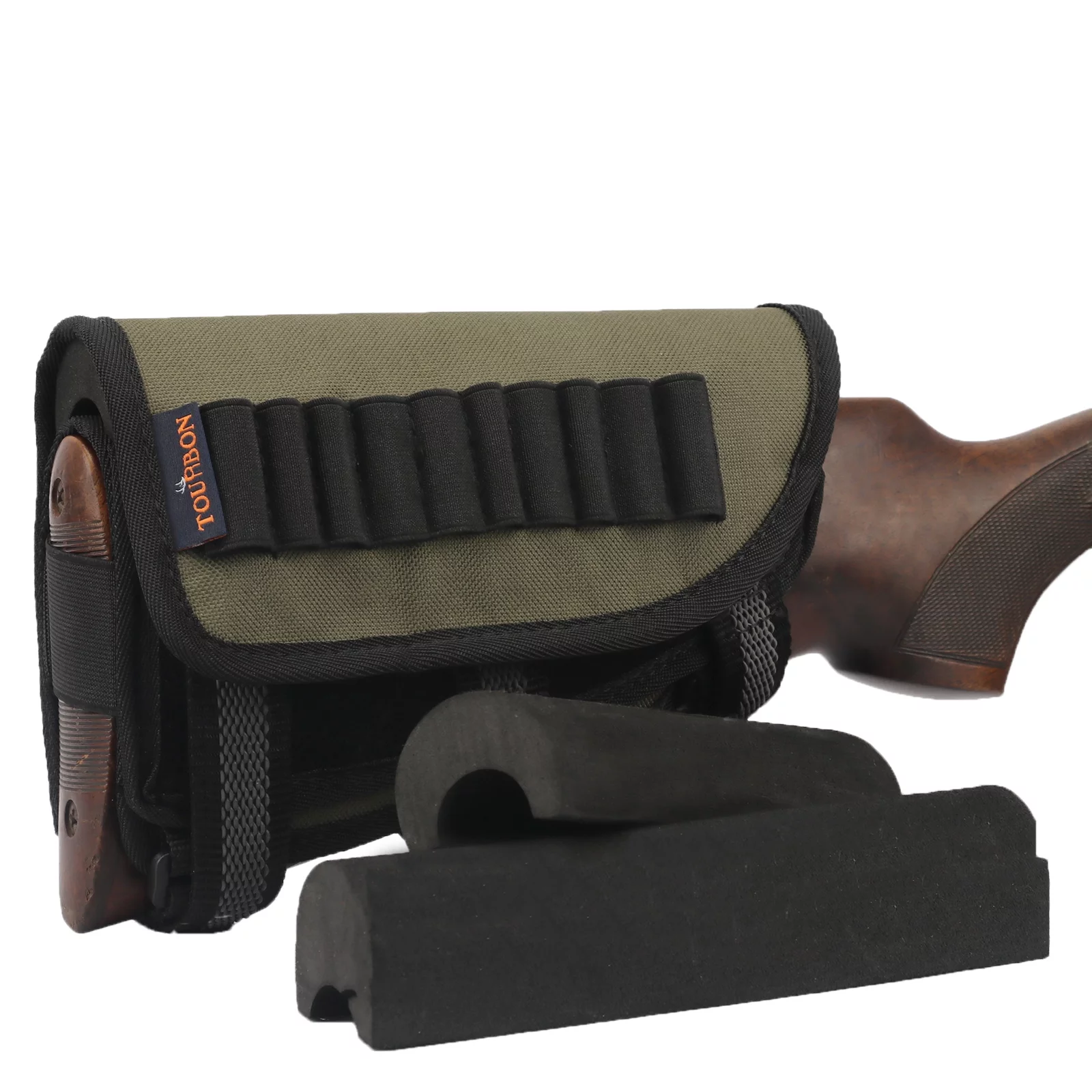 TOURBON Rifle Cheek Weld Riser Rest Comb Raiser with Ammo Holder Shooting Nylon Neoprene-Green/Black