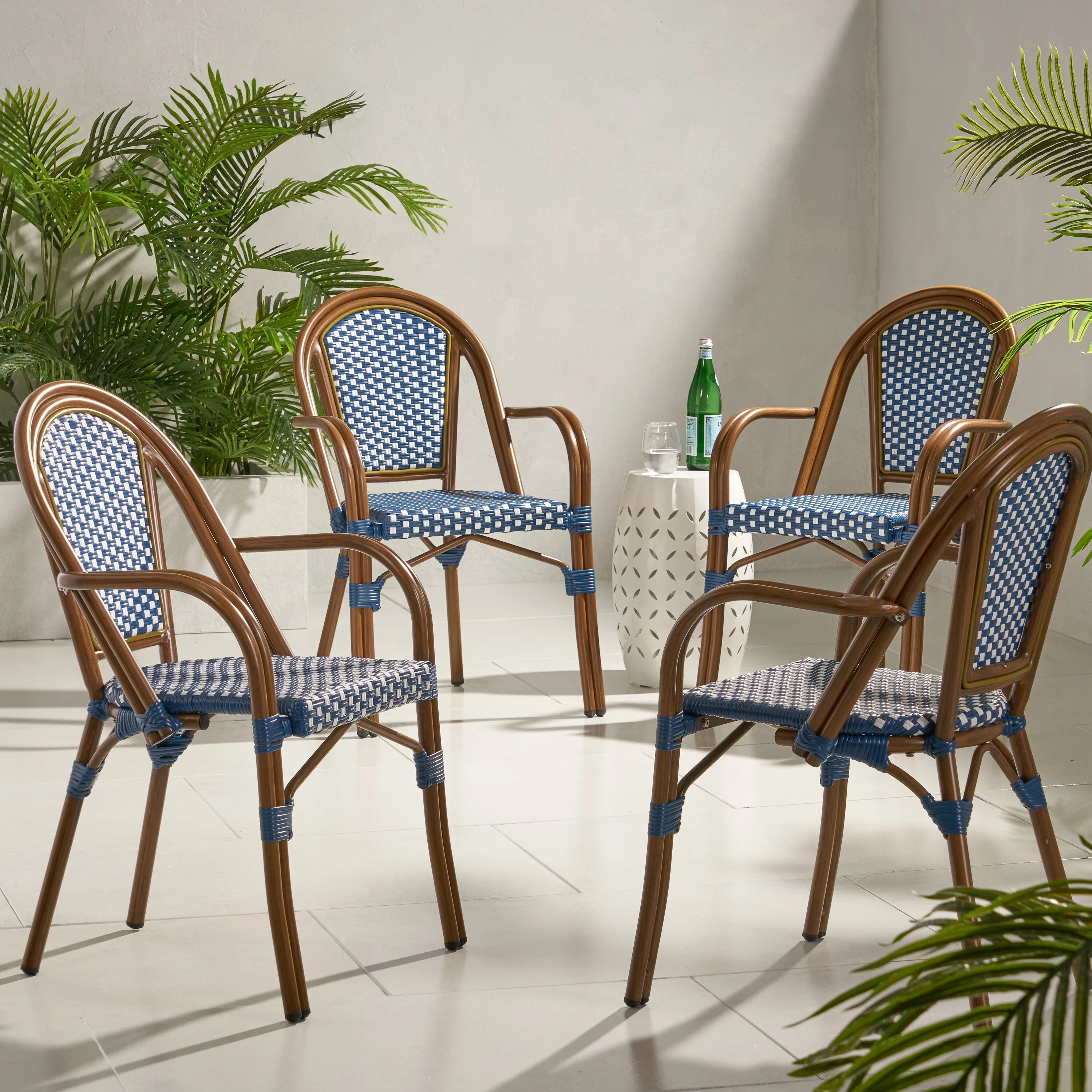 Christopher Knight Home Brianna Outdoor  Outdoor Bistro Chairs (Set of 4) by  Navy Blue/ White/ Brown Wood