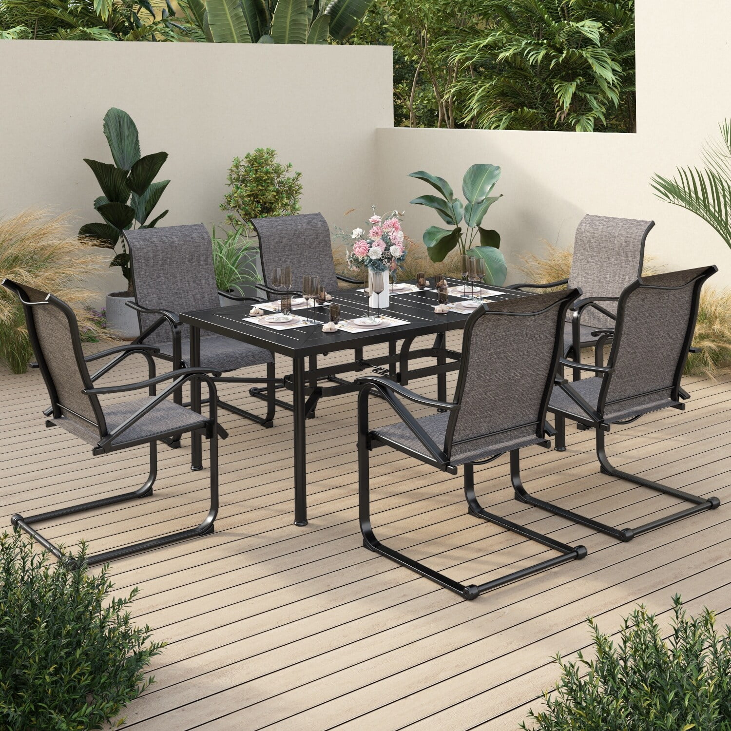 7-Piece Patio Dining Set, 1 ExtendingTable and 6 Spring Motion Textilene Chairs With Umbrella Hole