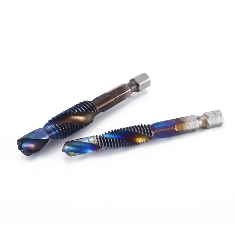 Metric Tap and Drill Bit Set Combination HSS Blue Coating Twist Drill Tap Combination Bit Set 6PCS with 1/4” Hex Shank Spiral Flute