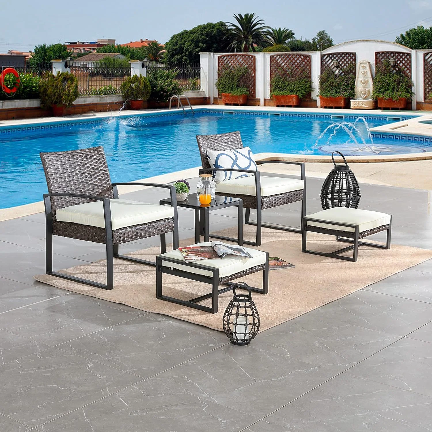 Patio Conversation Set with Rattan Chairs, Ottoman,  Glass Top Side Table |