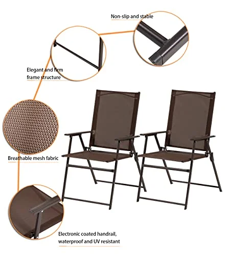 Bigroof Patio Dining Chairs Set of 2, Outdoor Portable Folding Chairs, 2-Pack Patio Chairs, Lawn Chair with Armrest and Metal Frame, Suitable for Camping Pool Beach Deck (2, )