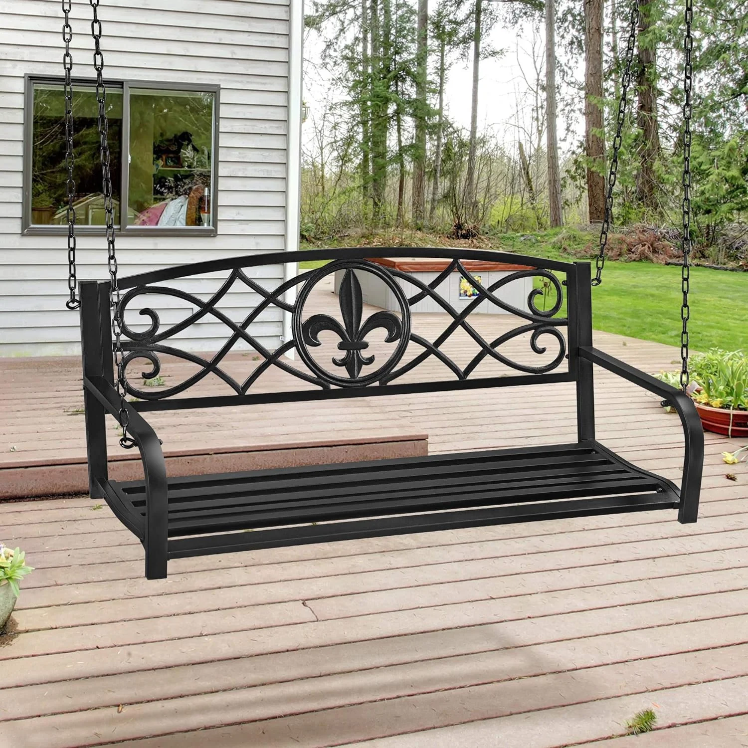 Outdoor Porch Swing, 2 Persons Patio Swing Chair Metal Hanging Bench, Heavy Duty 500lb Weight Capacity Swing Seat All-Weather Resistant, Black