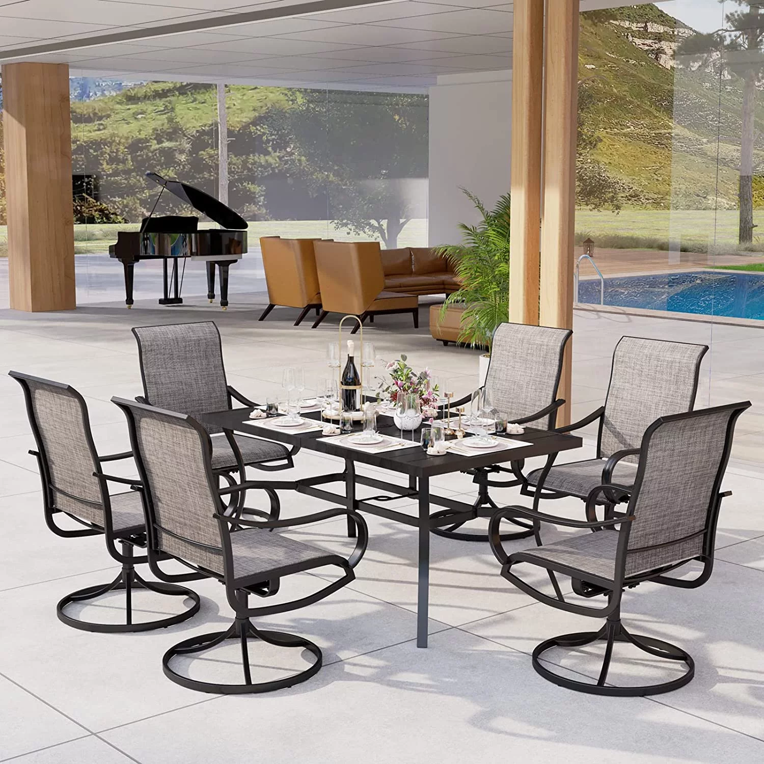 7-Piece Metal Outdoor Patio Dining Furniture Set with 6 Sling Dining Swivel Chairs and 1 Metal Steel Slat Dining Rectangle Table with Adjustable Umbrella