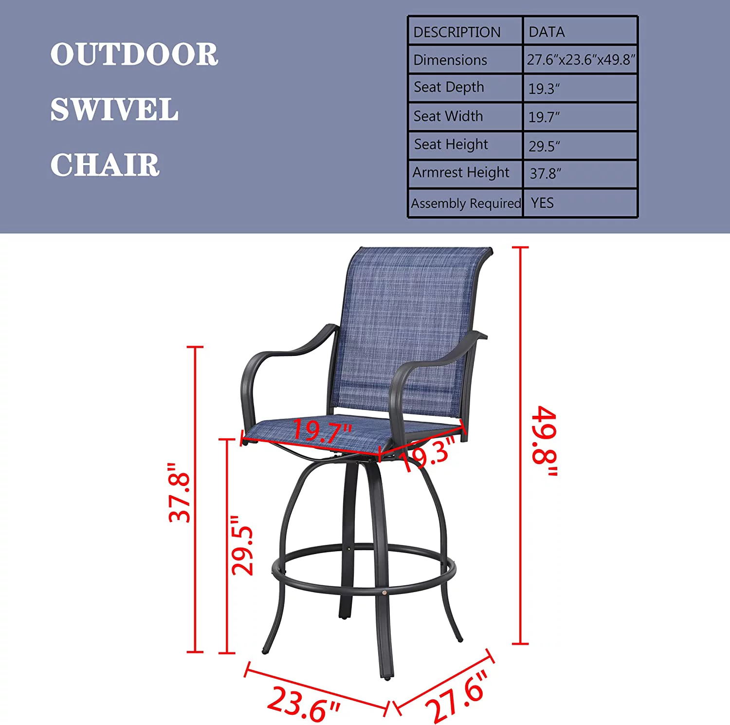 Bar Height Bistro Patio Table Piece High Top with Swivel Outdoor Furniture Suitable for Backyard  Garden, 3 Pcs Chair Set, Blue