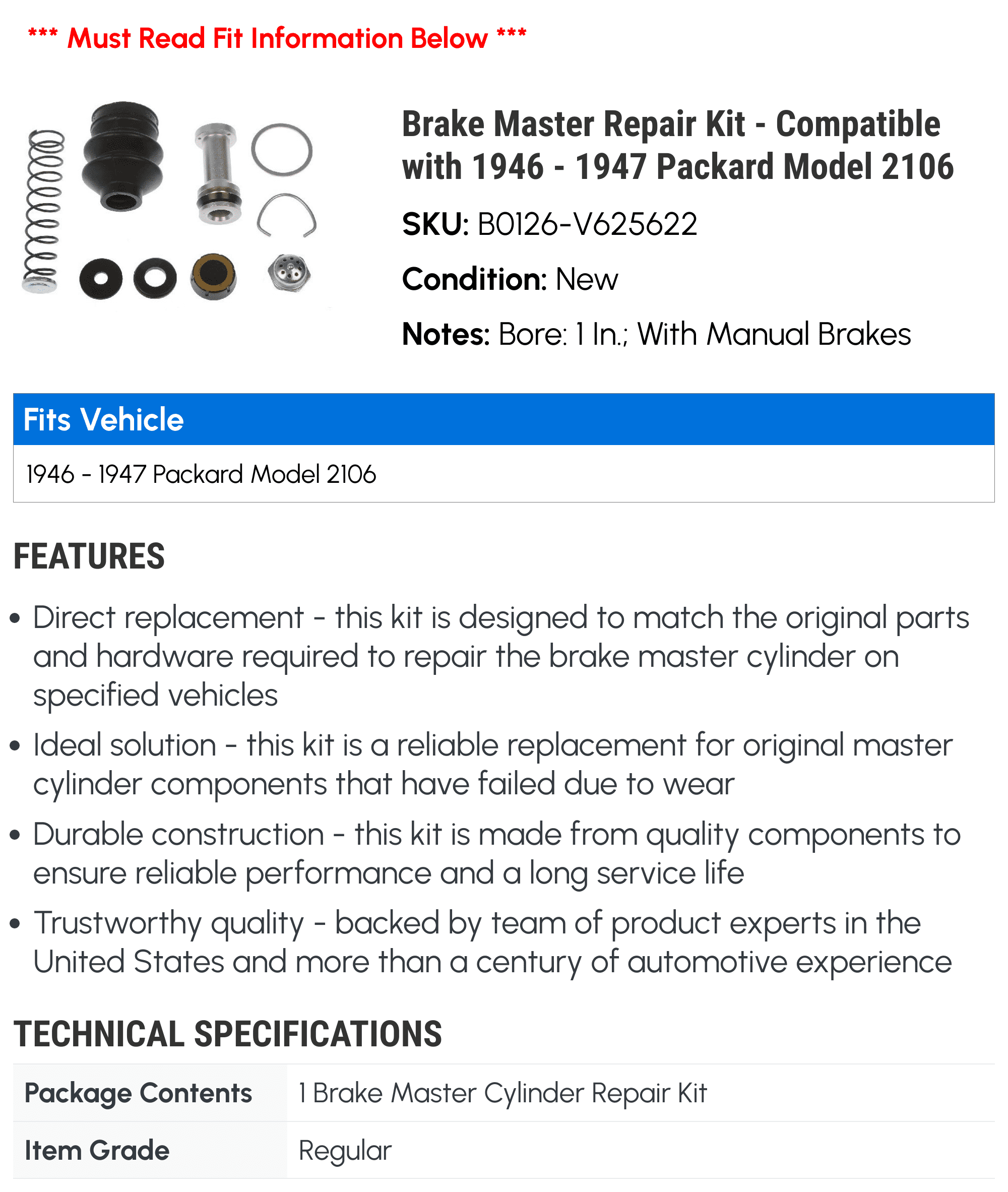 Brake Master Repair Kit - Compatible with 1946 - 1947 Packard Model 2106
