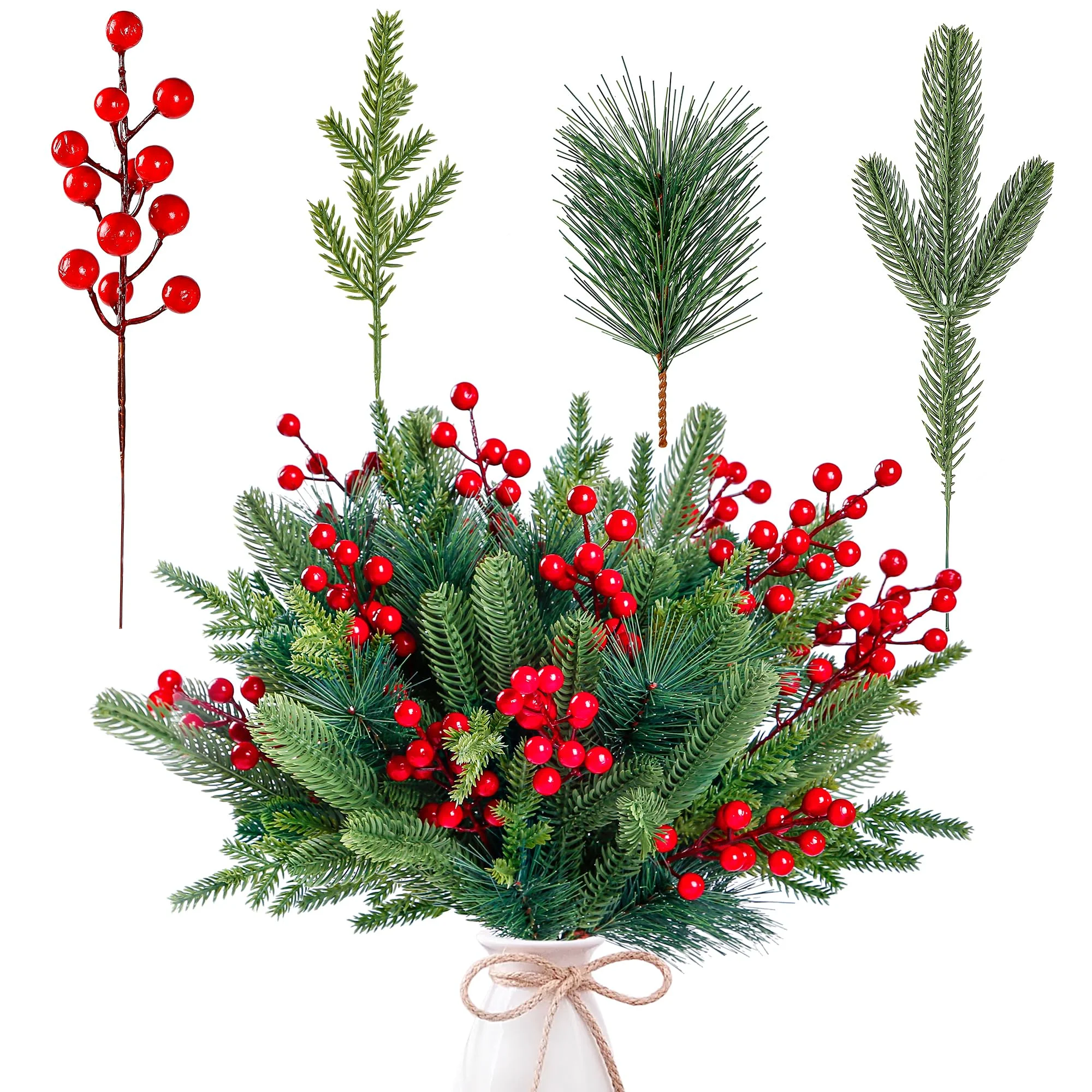 TETOU 60pcs Christmas Norfolk Pine Branches Fake Red Berry Stems Pine Needles DIY Wreath Decor