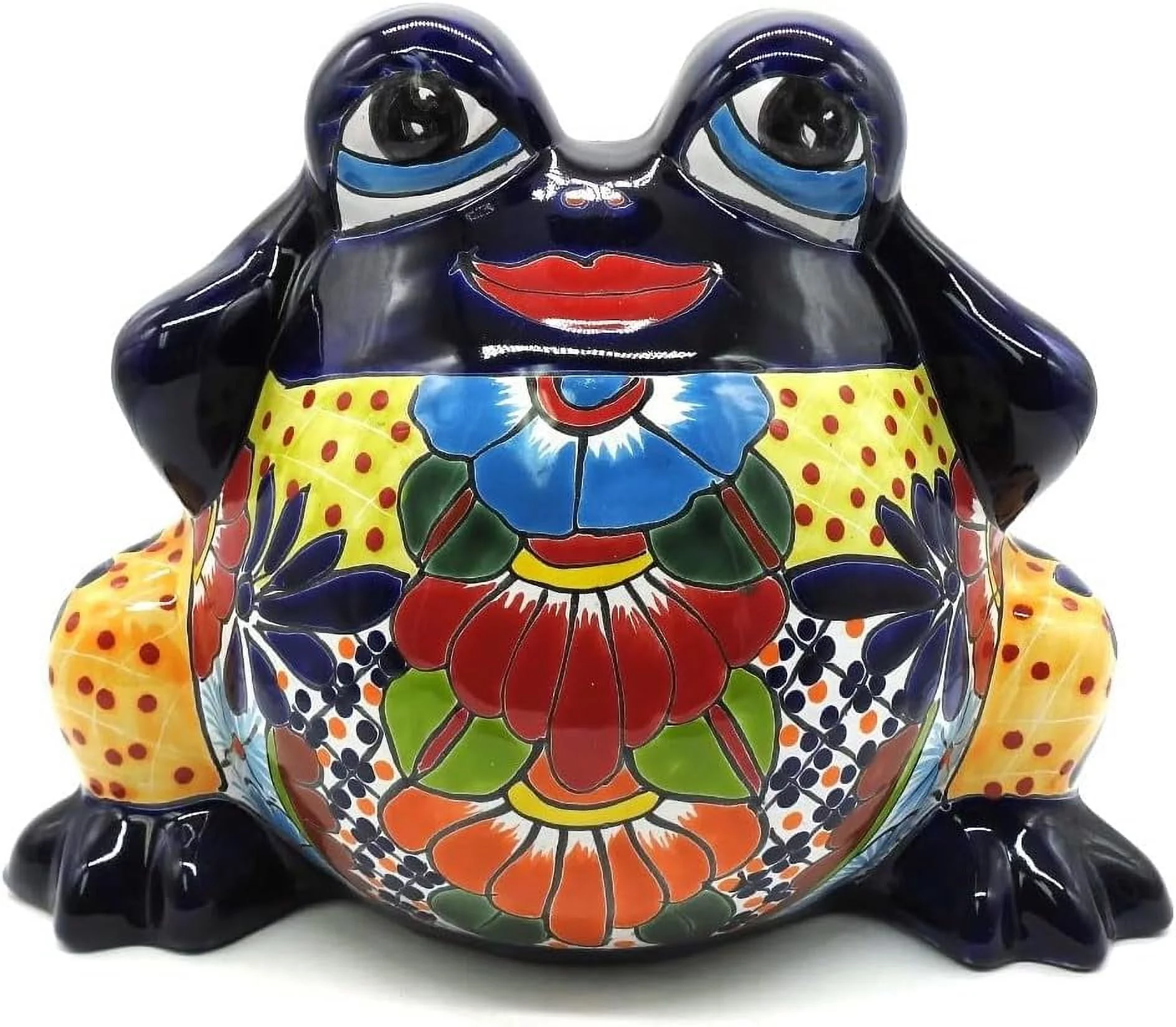 Lady Frog Planter Medium Hand Painted Indoor Outdoor Multi Colored Glazed Puebla
