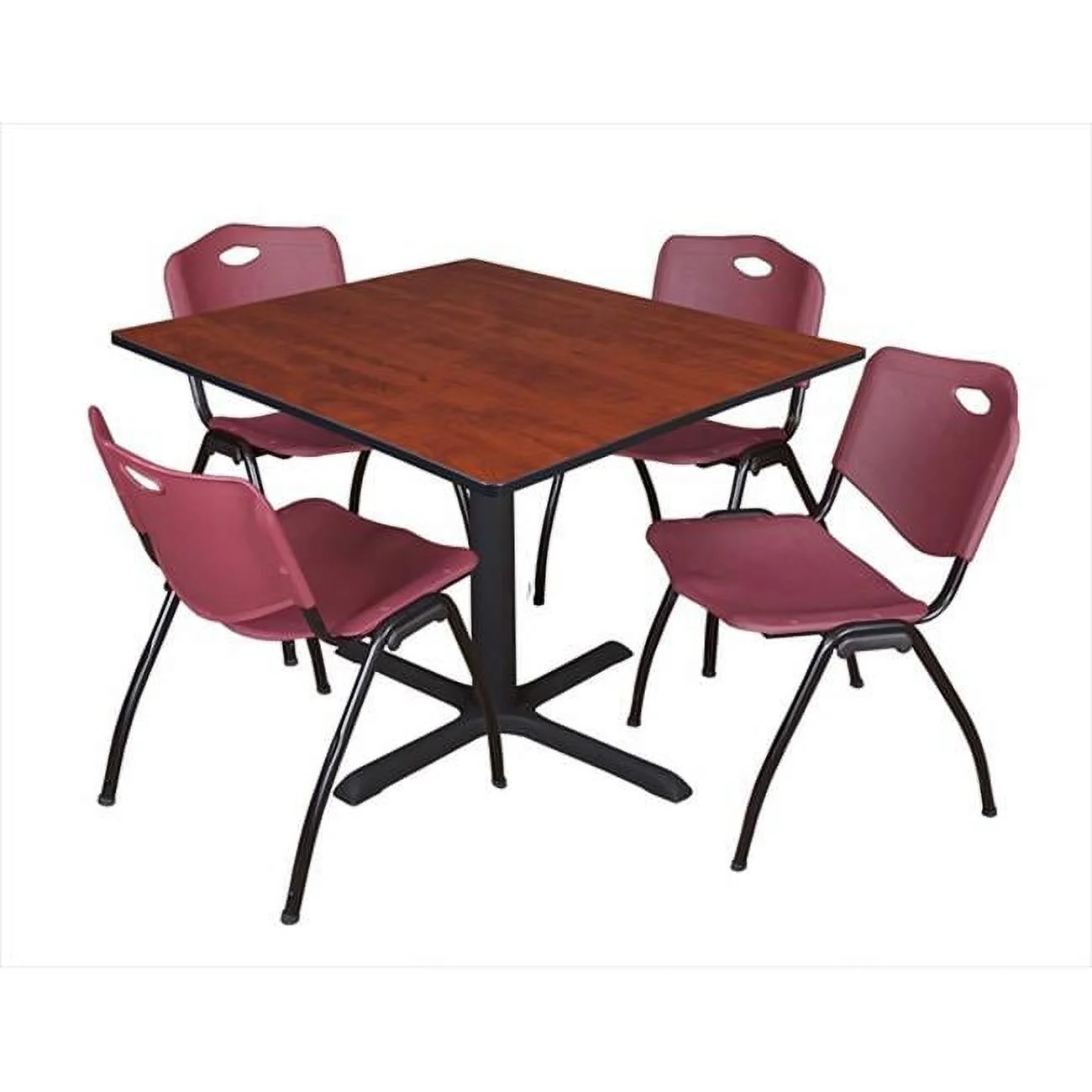 48 In. Square Laminate Table - Cherry & Cain Base With 4 Burgundy M Stack Chairs