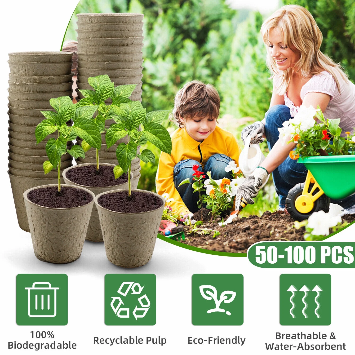 50-100PCS Biodegradable Nursery Pots Garden Plant Grow Seedling Planting Pots US