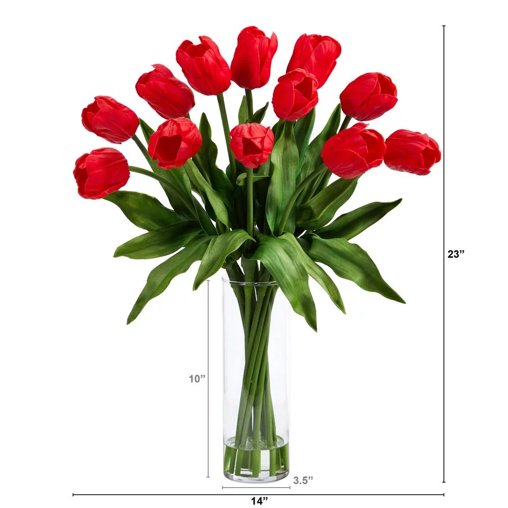 Nearly Natural A1826-RD 23 in. Artificial Tulip Arrangement with Cylinder Glass Vase, Red