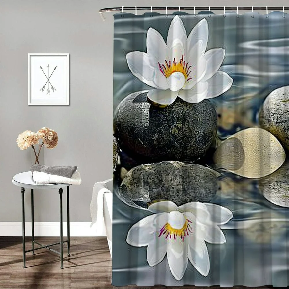 JEUXUS Shower Curtain Zen Wall Art Lotus Flowers Stones on Water Water Lily Multiple Sizes White