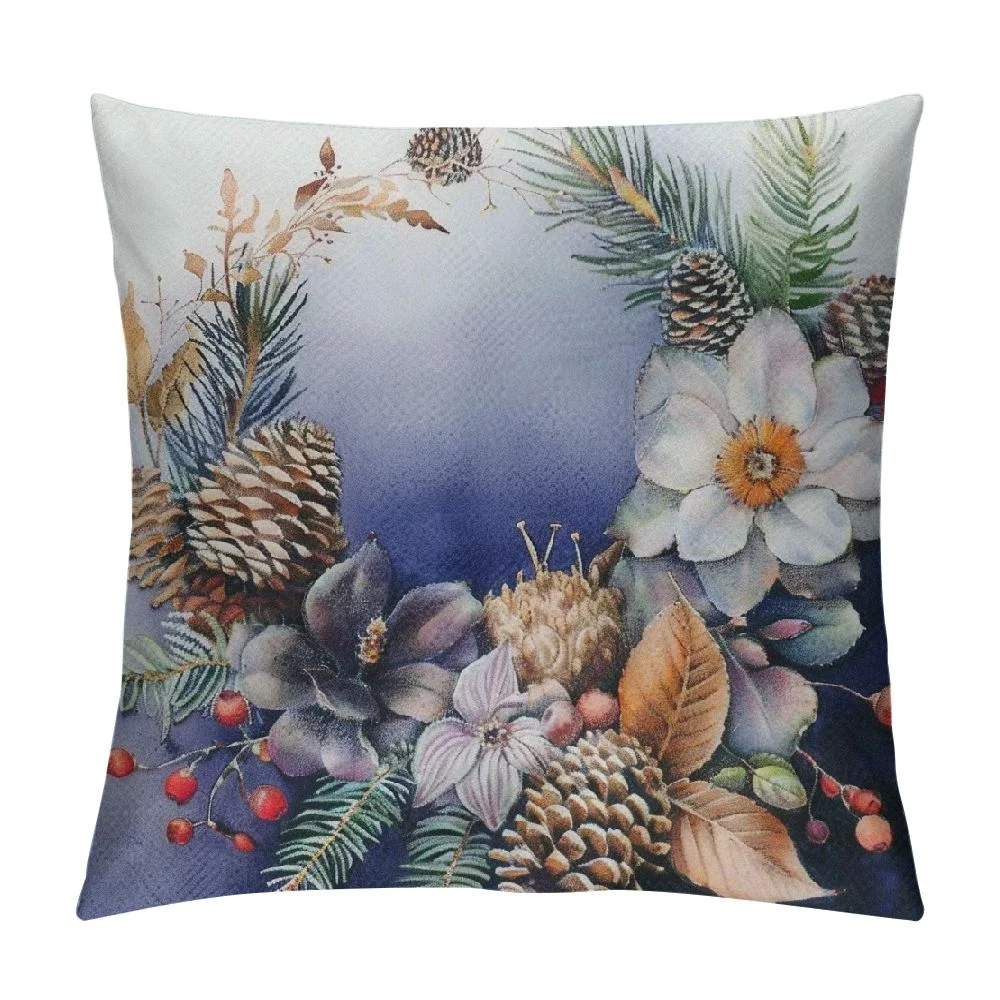 Ollo0ord Throw Pillow Cover Wreath Roses Spruce Branches Inches Pillowcase Home Decorative Square Pillow Case Cushion Cover White