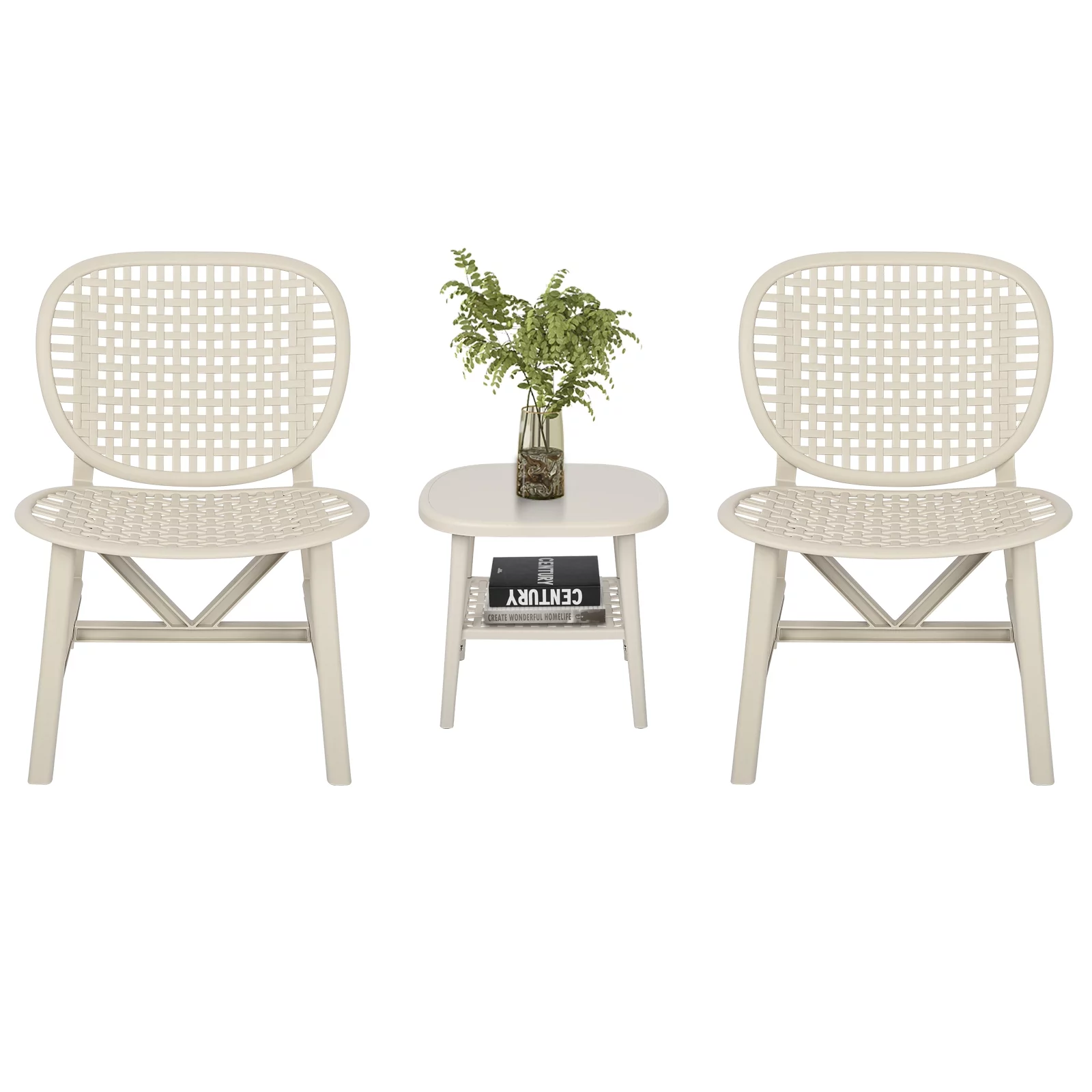 Anself 3 Pieces Hollow Design Retro Patio Table Chair Set All Weather Conversation Bistro Set Table with Open Shelf and Chairs with Widened Seat for Balcony Garden Yard White