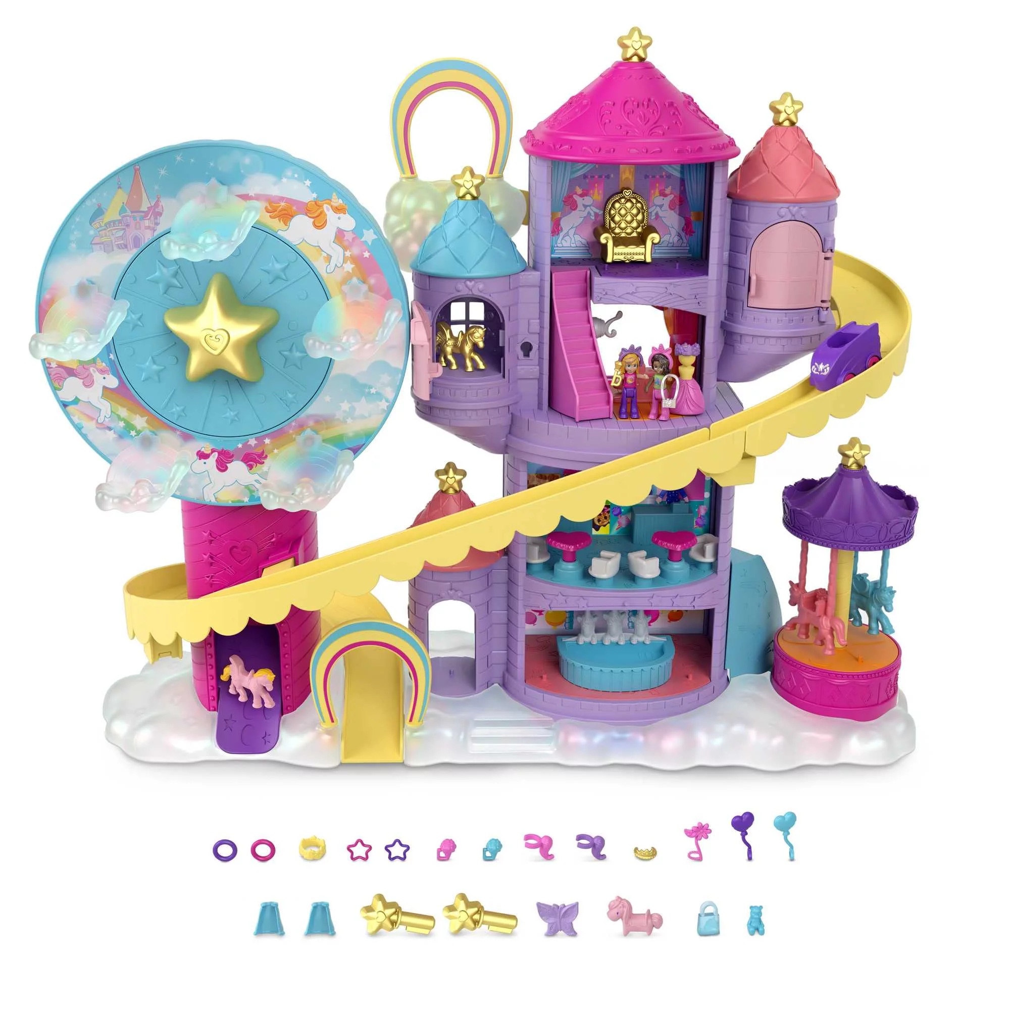 Mattel Polly Pocket Rainbow Funland Theme Park, 3 Rides, 7 Play Areas, Polly and Shani Dolls, 2 Unicorns & 25 Surprise Accessories (30 Total Play Pieces), Dispensing Feature for Surprises